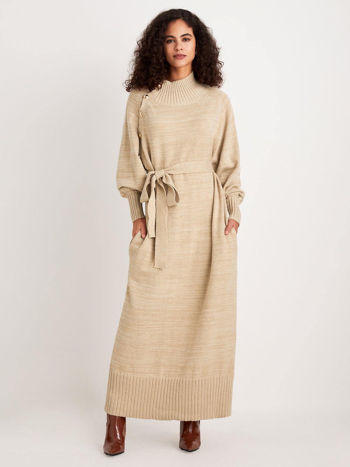 Robes Plain Hiver Élégant Naturel Poids lourd Micro-Élasticité Quotidien Ample Col Roulé pour Femmes