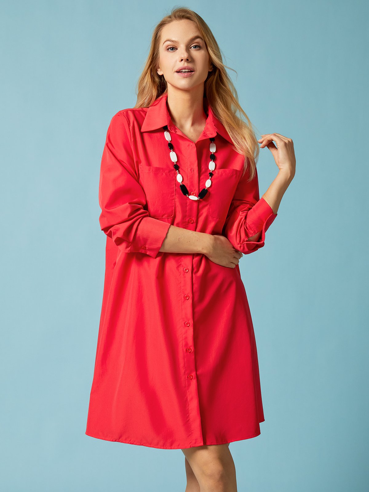 Robes Femme Plaine Simple Automne Pas d'élasticité Regular Fit Midi A-Line Shirt Dress Col de chemise