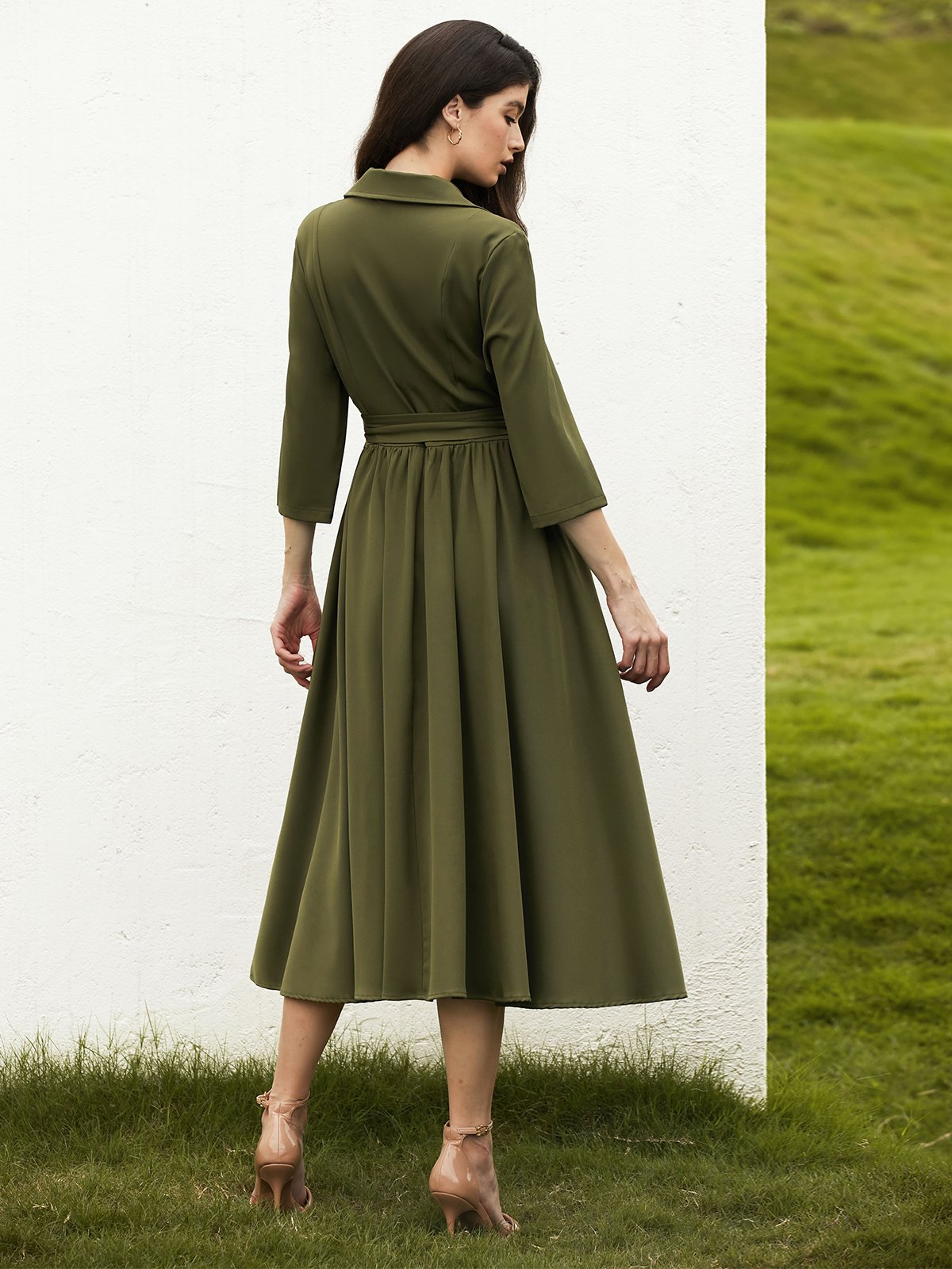 Robes Plain Printemps / Automne Élégant Polyester Taille Haute Micro-élasticité Faire la navette Ligne X Col de Chemise pour Femmes