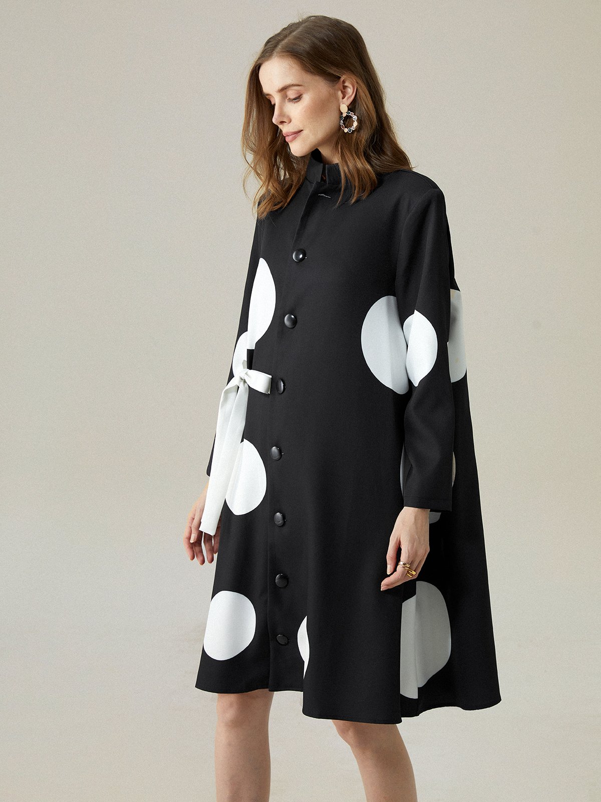 Robes Femmes Pois Polka Printemps / Automne Urbain Col Montant Aucune élasticité Quotidien Ample Mini Manches trois quarts