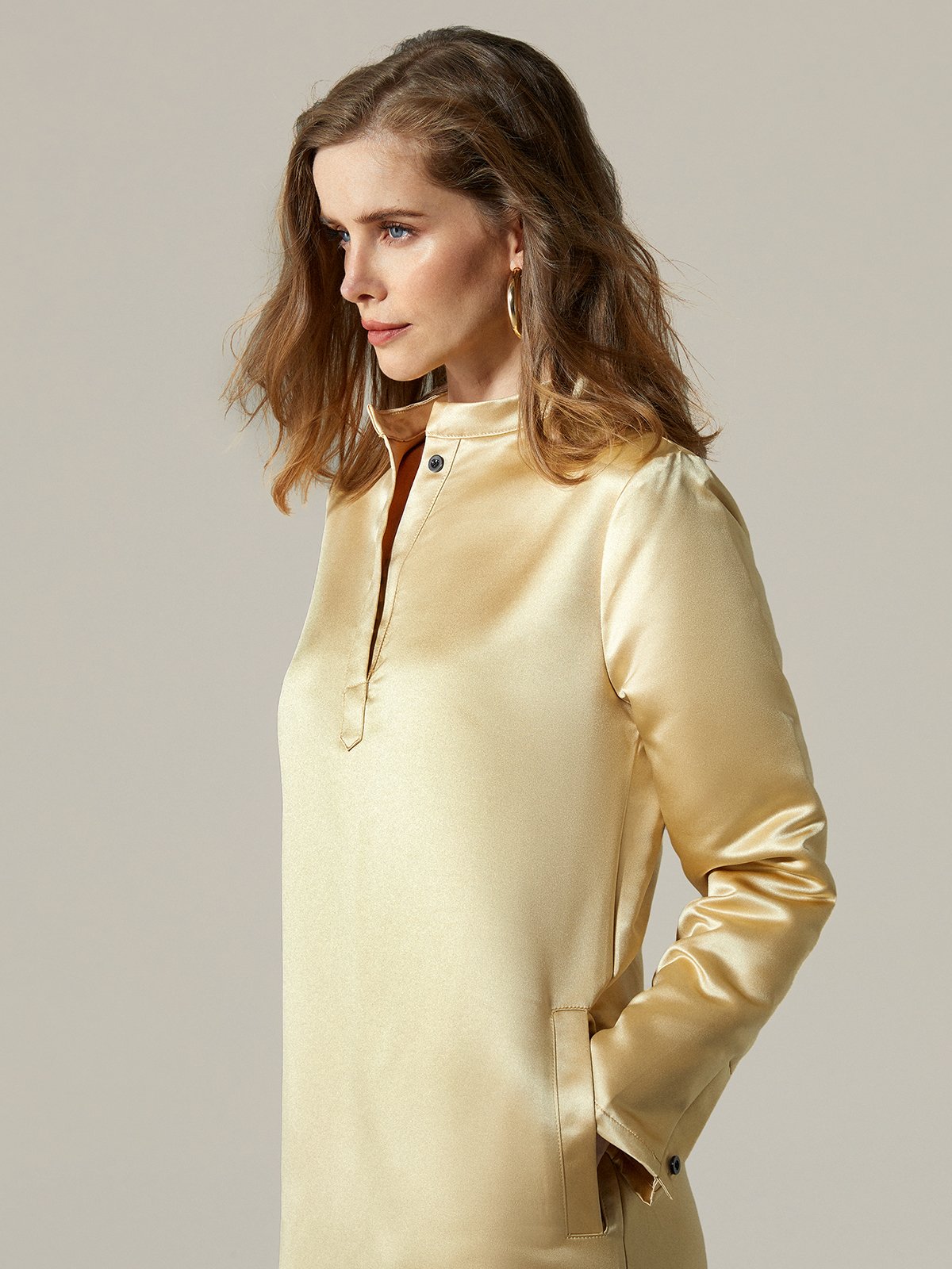 Robes Plain Printemps / Automne Urbain Polyester Col Montant Maxi Manches Longues Régulier Poche Couture pour Femmes