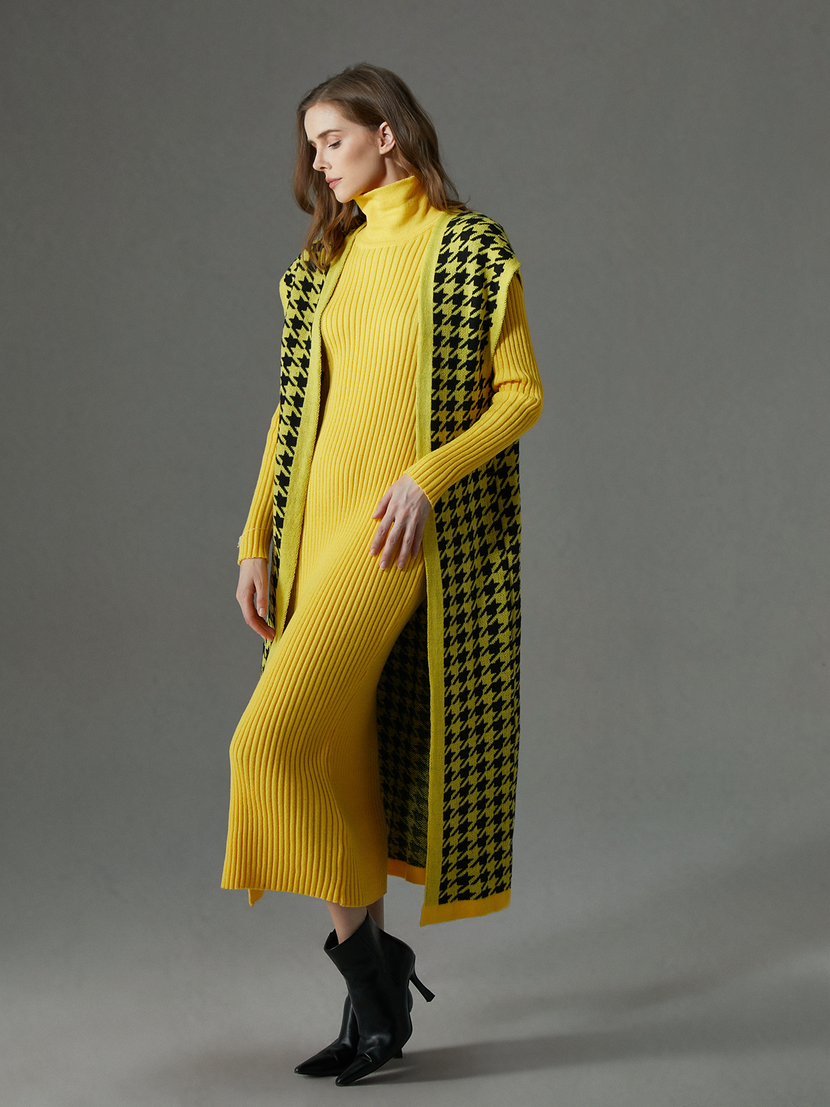 Cardigans Femmes Pied-de-poule Hiver Urbain Acrylique Poids lourd Aucune élasticité Ample Long Droit