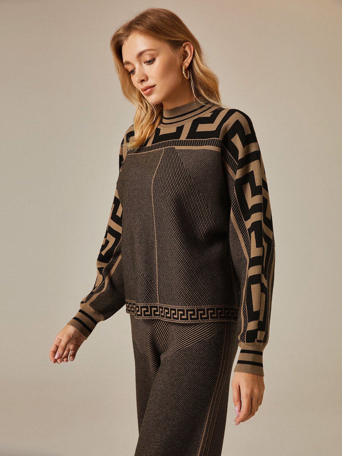 Pulls Géométrique Hiver Urbain Acrylique Poids lourd Micro-élasticité Ample Manches Longues Droit pour Femmes