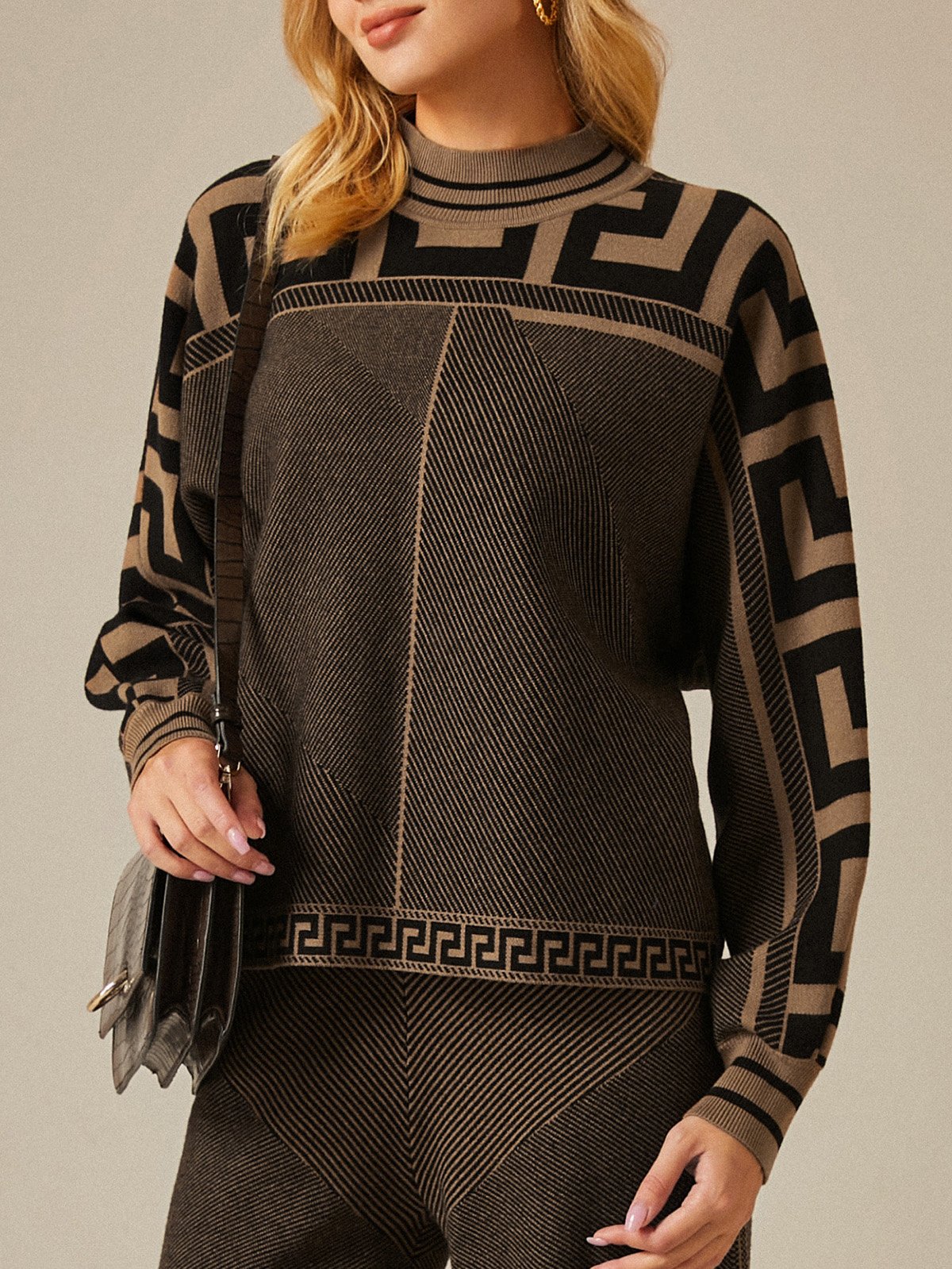Pulls Géométrique Hiver Urbain Acrylique Poids lourd Micro-élasticité Ample Manches Longues Droit pour Femmes