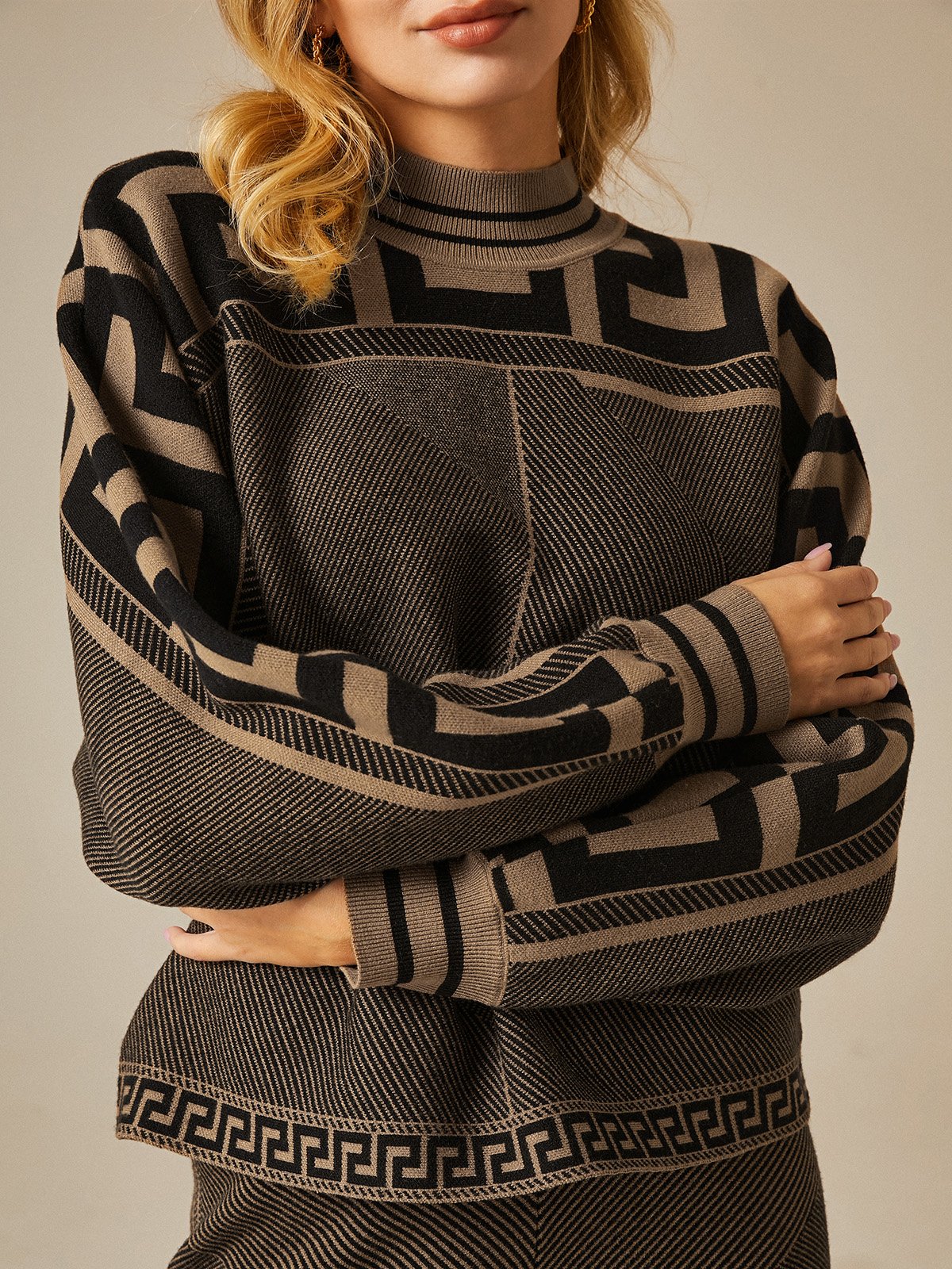 Pulls Géométrique Hiver Urbain Acrylique Poids lourd Micro-élasticité Ample Manches Longues Droit pour Femmes