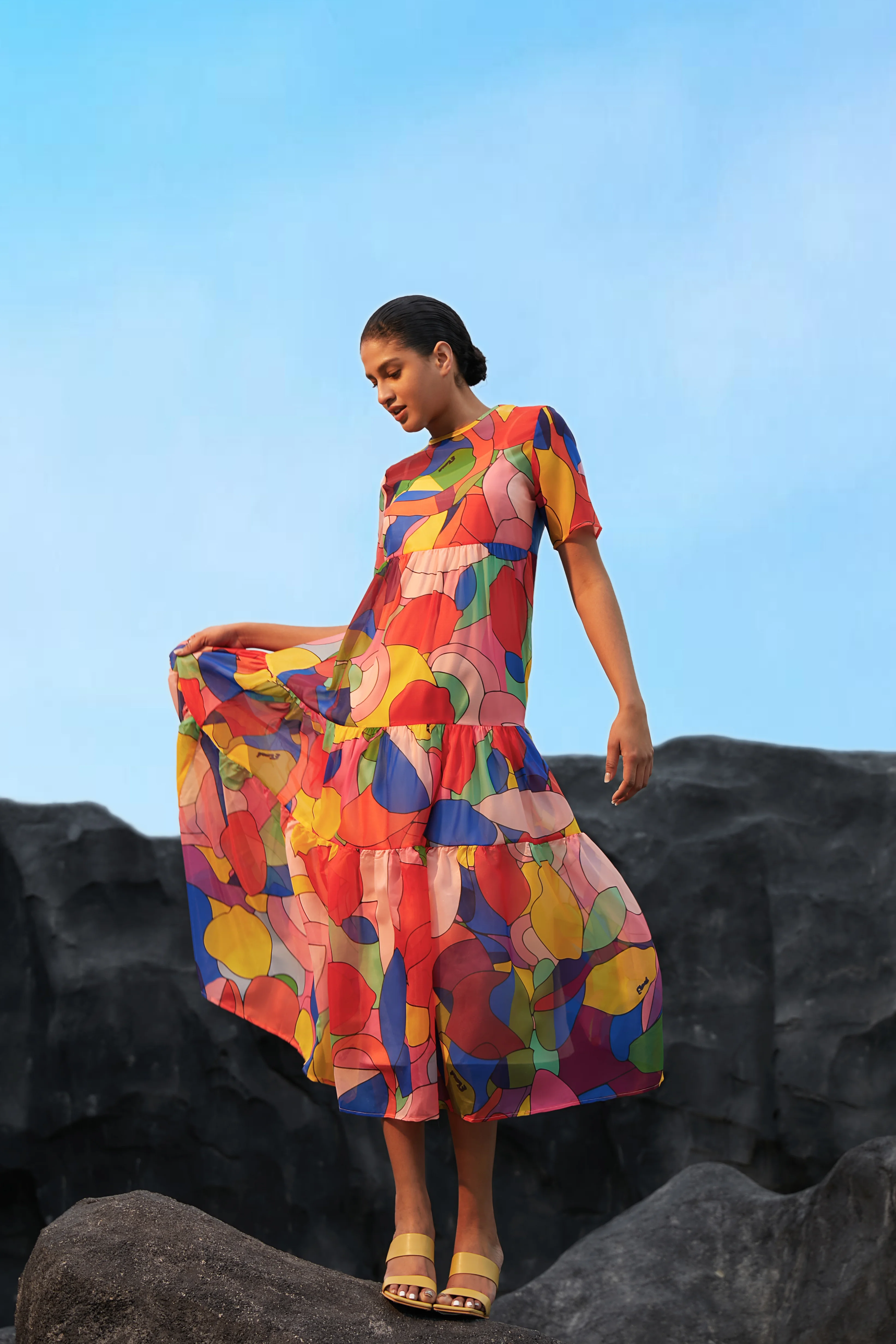 Robes Abstrait Été Élégant Polyester Léger Ample Long Manches Courtes Trapèze pour Femmes