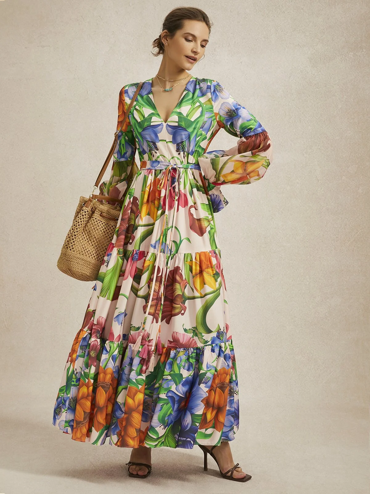 Robes Floral Printemps / Automne Vacances Polyester Col V Taille Haute Coupe Régulière Maxi Ligne X pour Femmes
