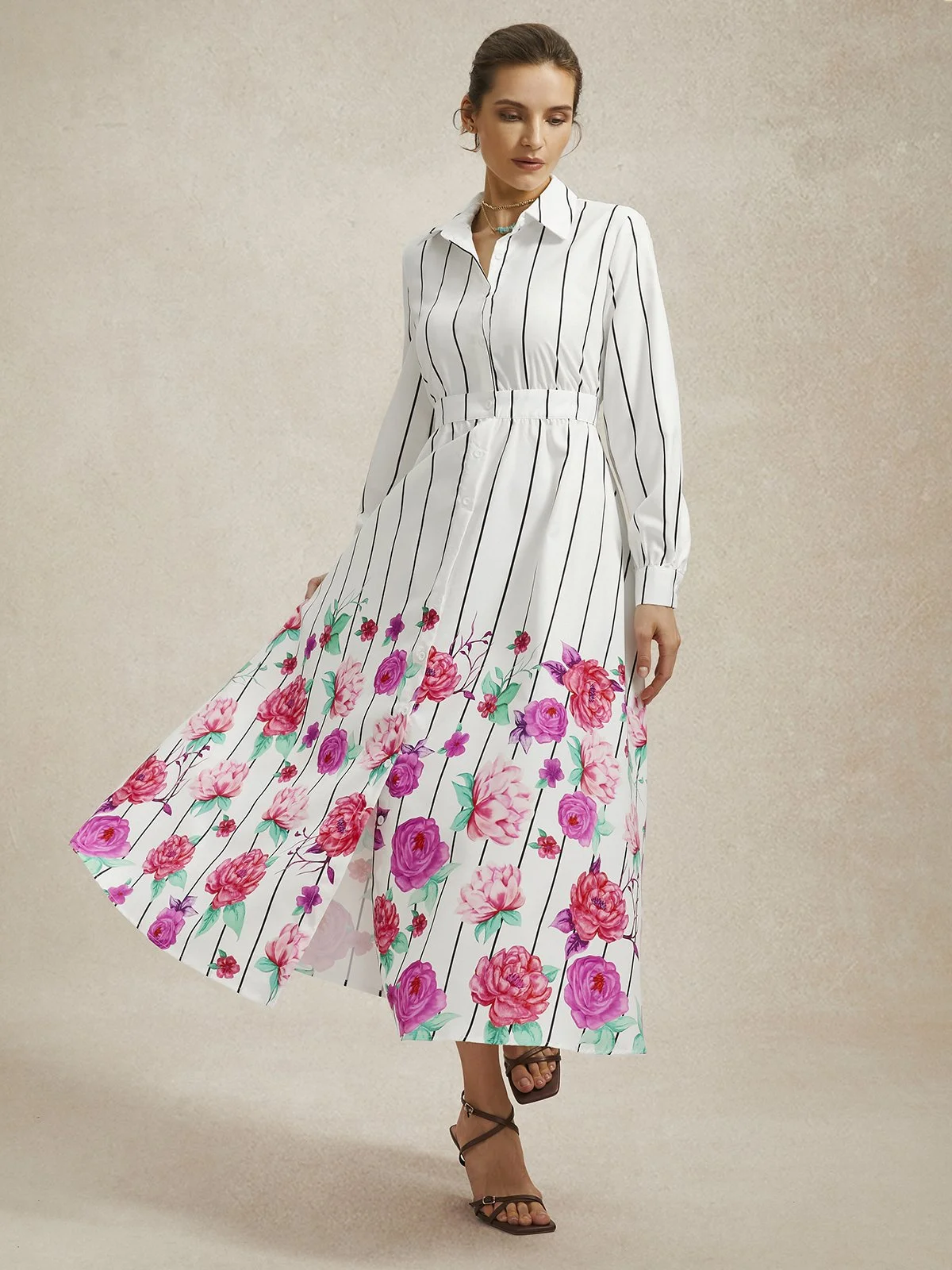 Robes Femmes Floral Printemps / Automne Élégant Polyester Aucune élasticité Coupe Régulière Manches Longues Robe Chemise Col de Chemise