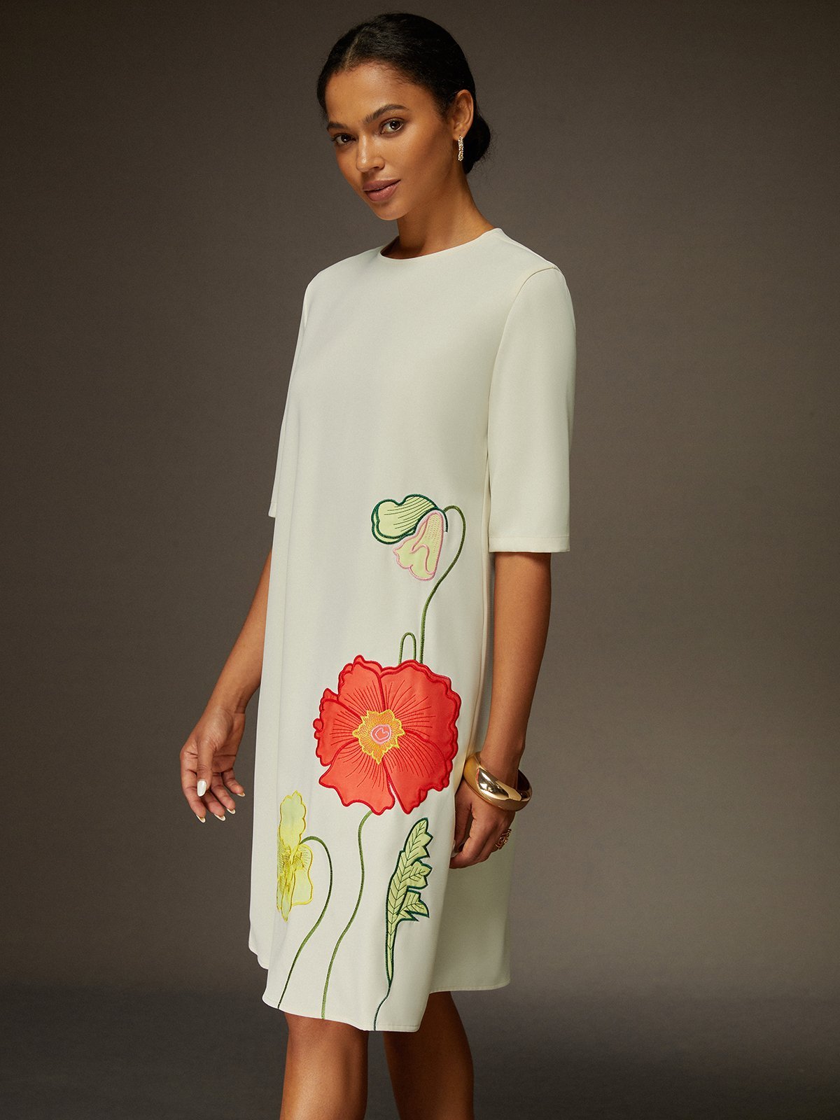 Robes Floral Été Élégant Naturel Aucune élasticité Demi Manche Col Rond Trapèze Non pour Femmes