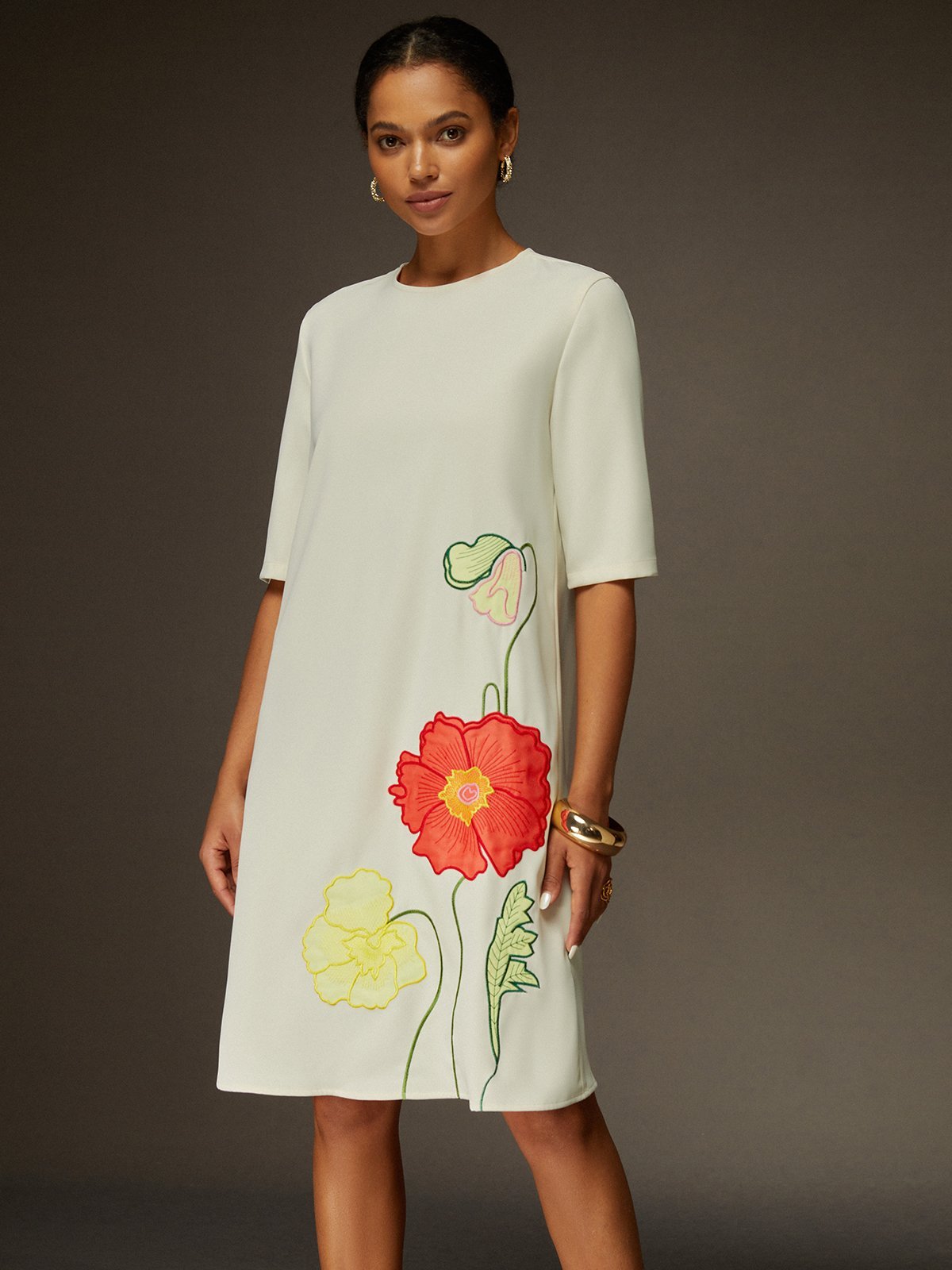 Robes Floral Été Élégant Naturel Aucune élasticité Demi Manche Col Rond Trapèze Non pour Femmes