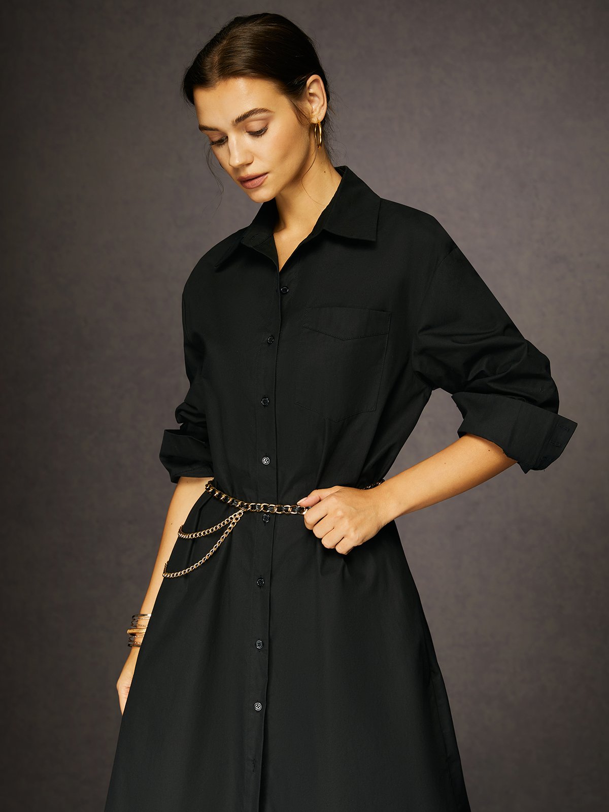 Robes Plain Printemps / Automne Urbain Coton Aucune élasticité Ample Maxi Régulier Robe Chemise pour Femmes