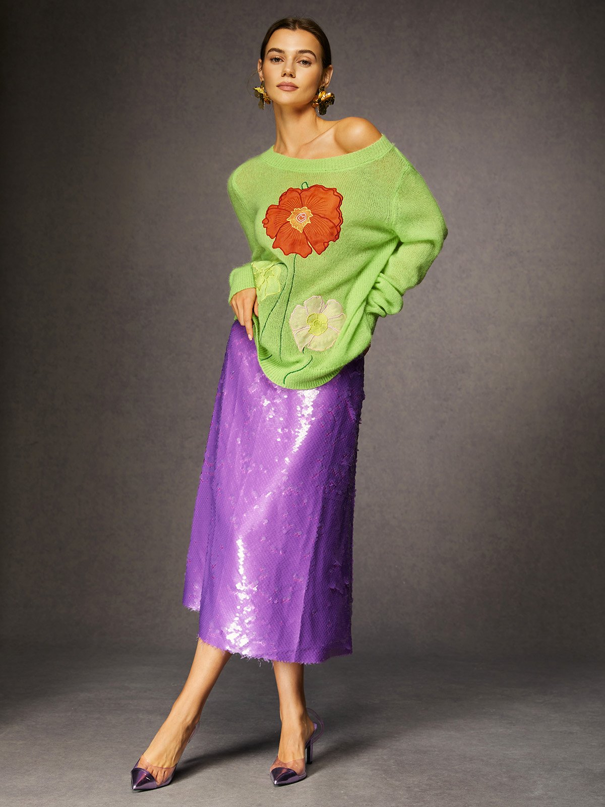 Pulls Femmes Floral Printemps / Automne Élégant Acrylique Quotidien Ample Col Rond Régulier Droit
