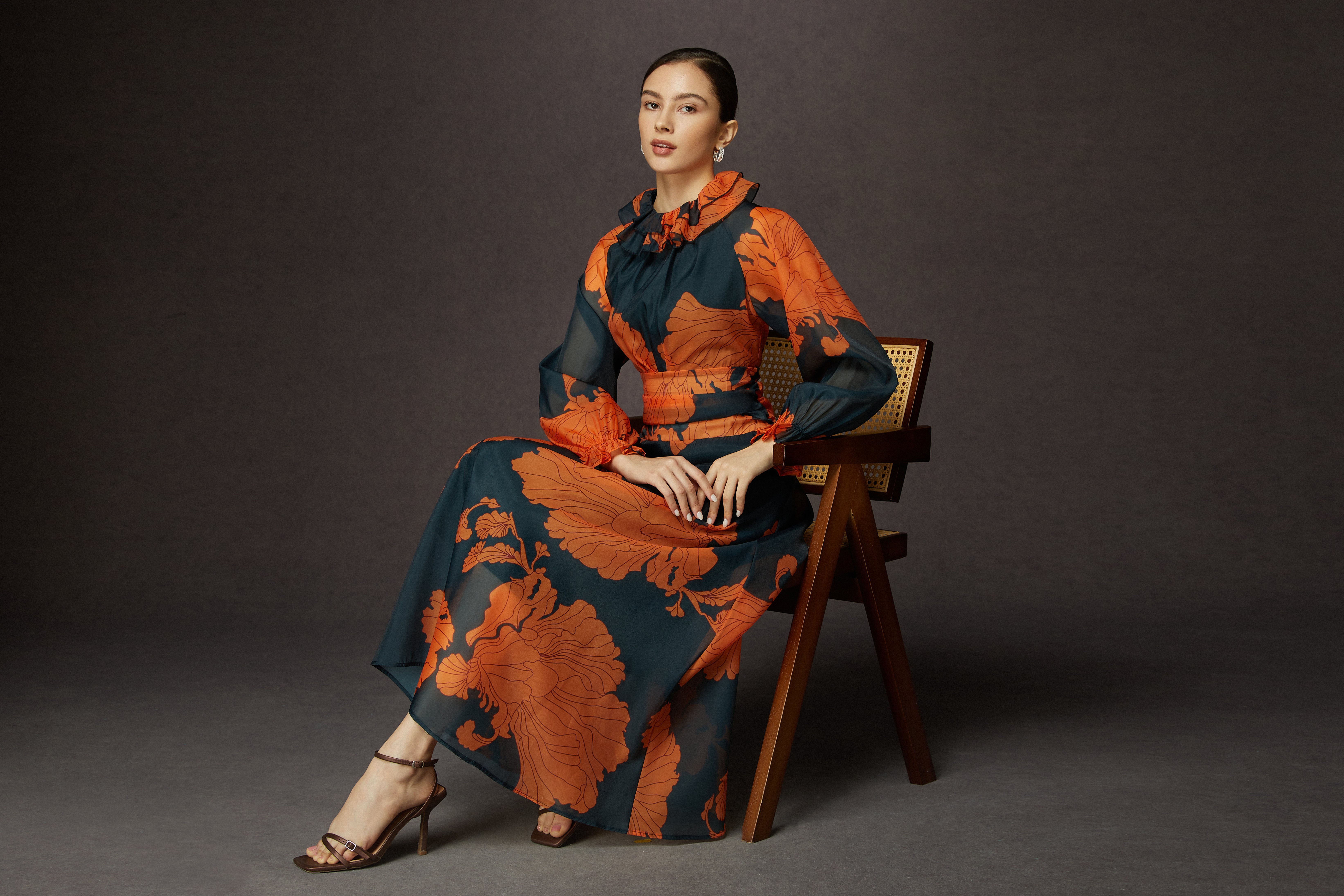 Robes Floral Été Élégant Polyester Léger Aucune élasticité Lotus Feuille Collier Maxi Manches Longues pour Femmes