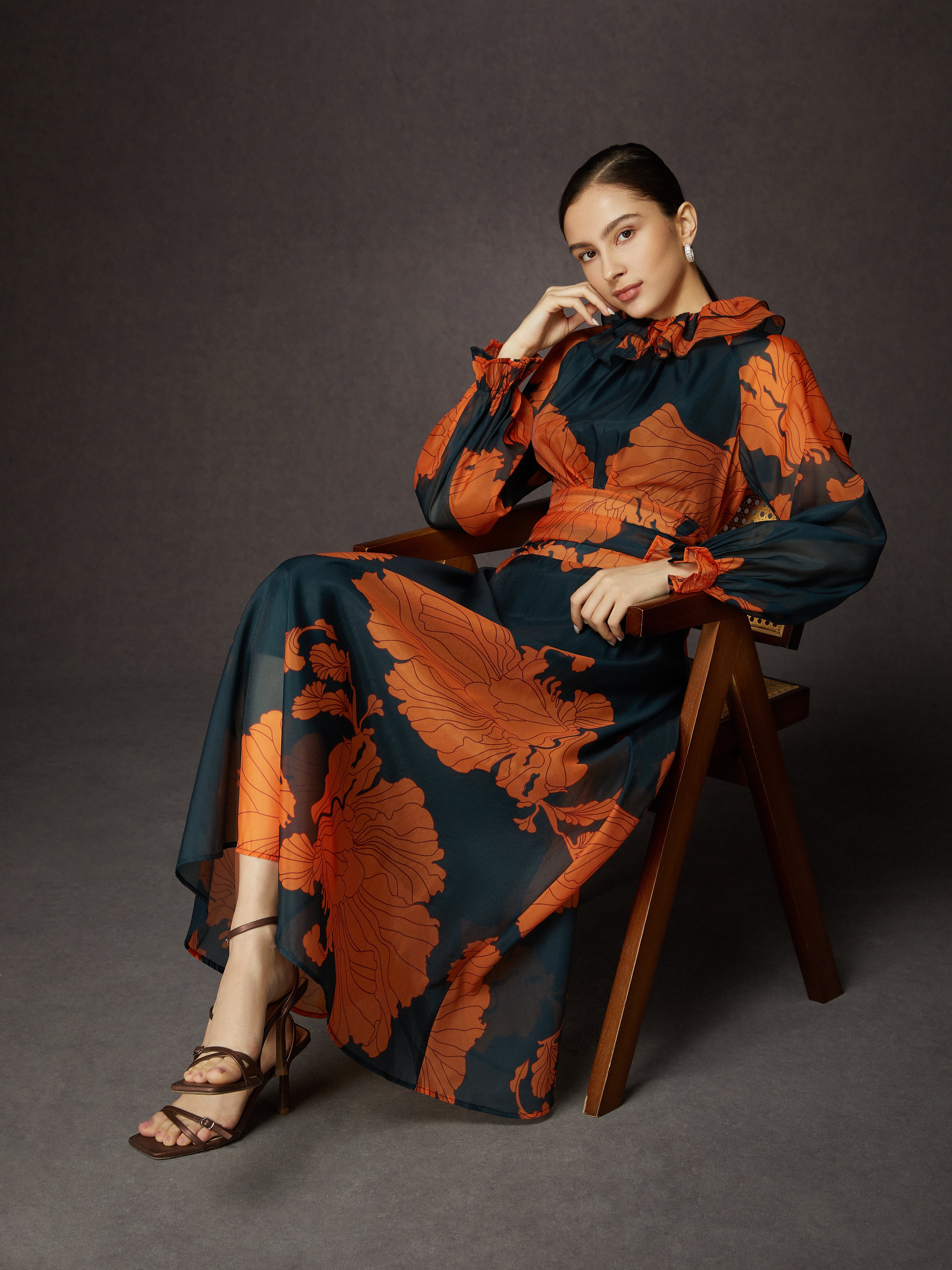 Robes Floral Été Élégant Polyester Léger Aucune élasticité Lotus Feuille Collier Maxi Manches Longues pour Femmes