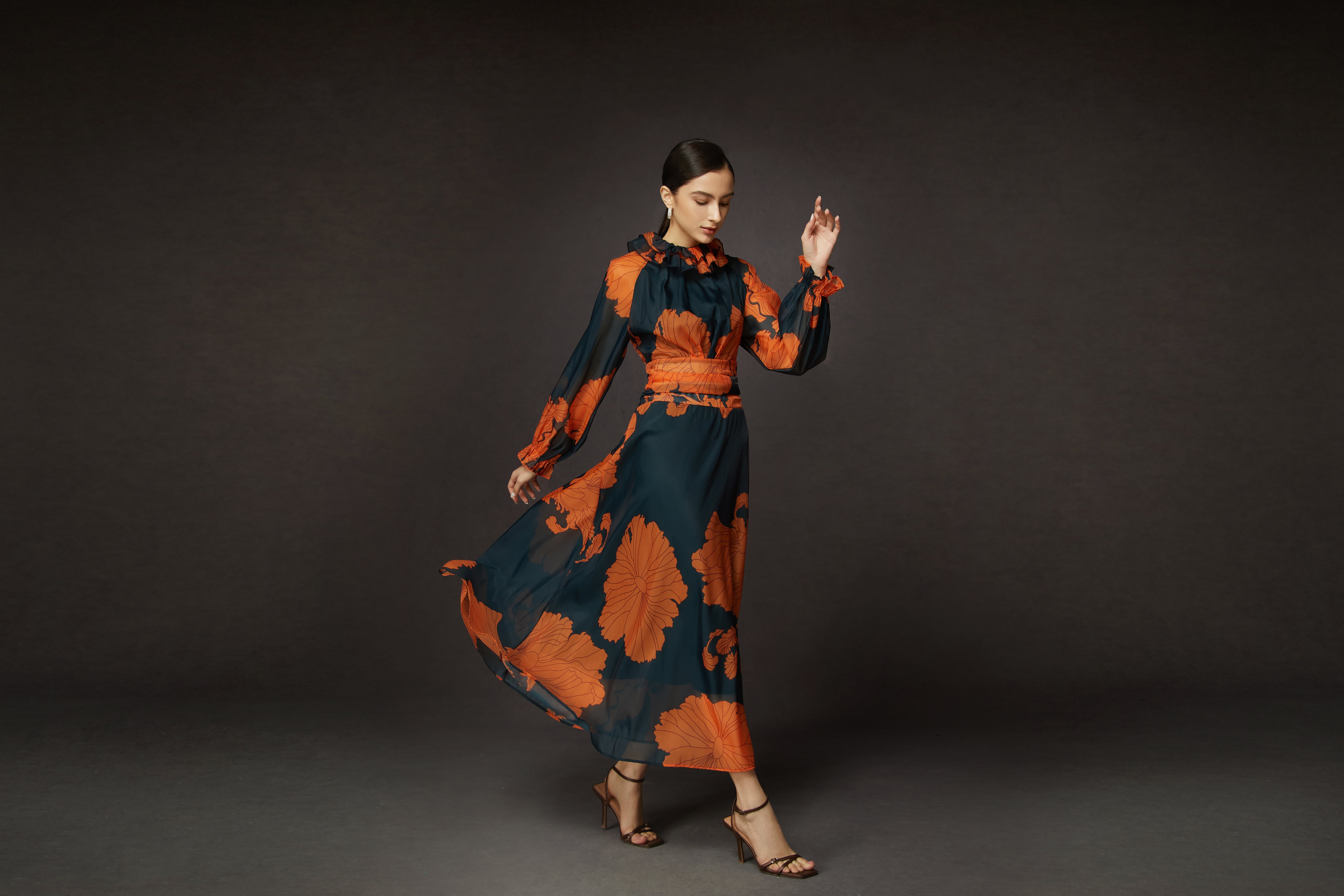 Robes Floral Été Élégant Polyester Léger Aucune élasticité Lotus Feuille Collier Maxi Manches Longues pour Femmes