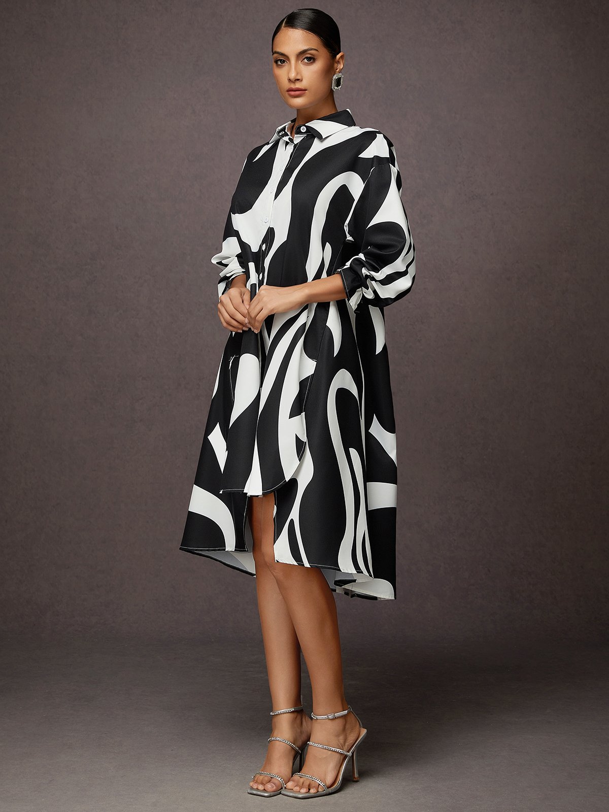 Robes Automne Chevron Vacances Naturel Quotidien Midi Bouton Manches longues Régulier pour Femme