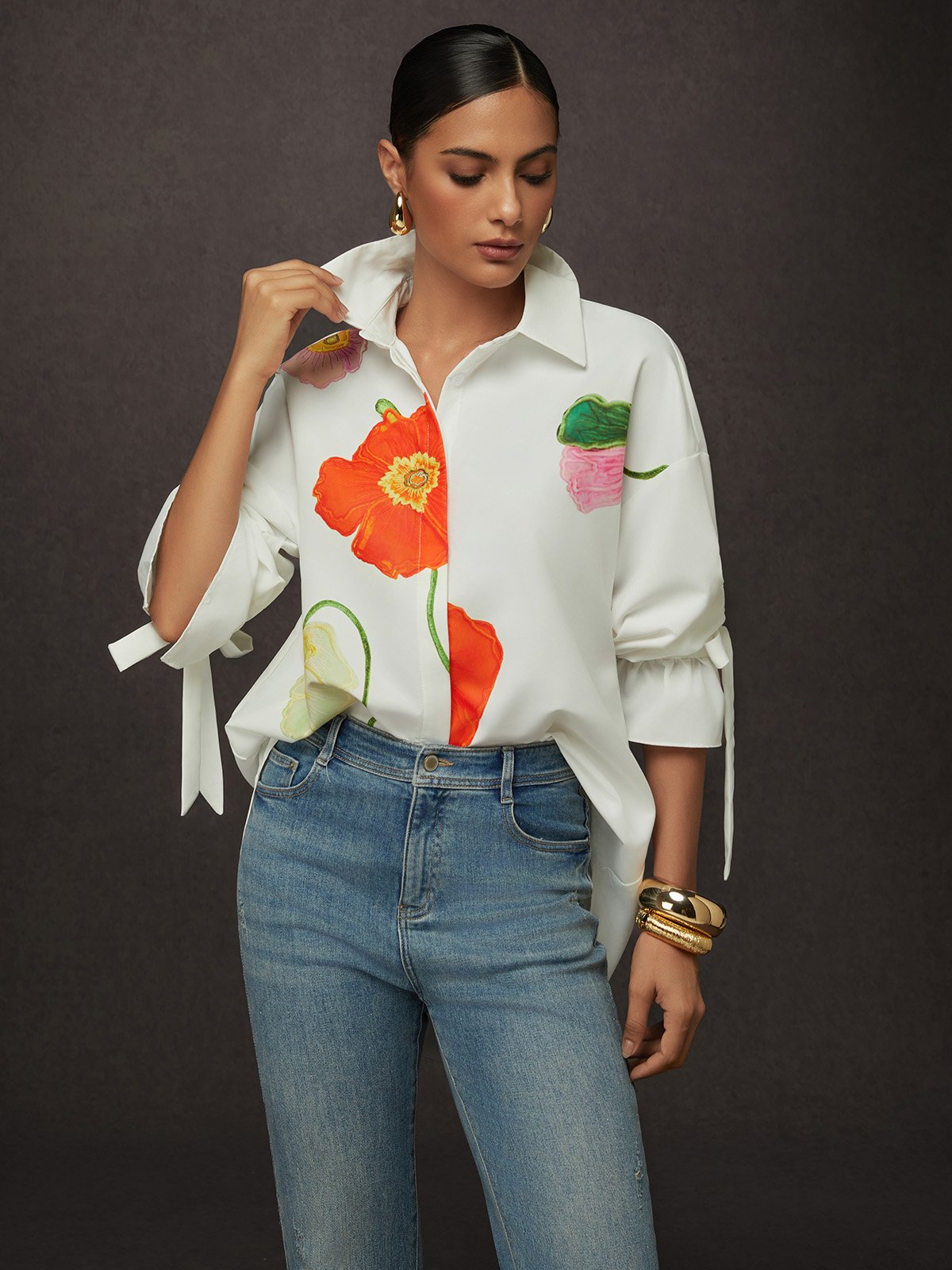 Chemises Floral Printemps / Automne Urbain Polyester Aucune élasticité Ample Manches Longues Droit Régulier pour Femmes