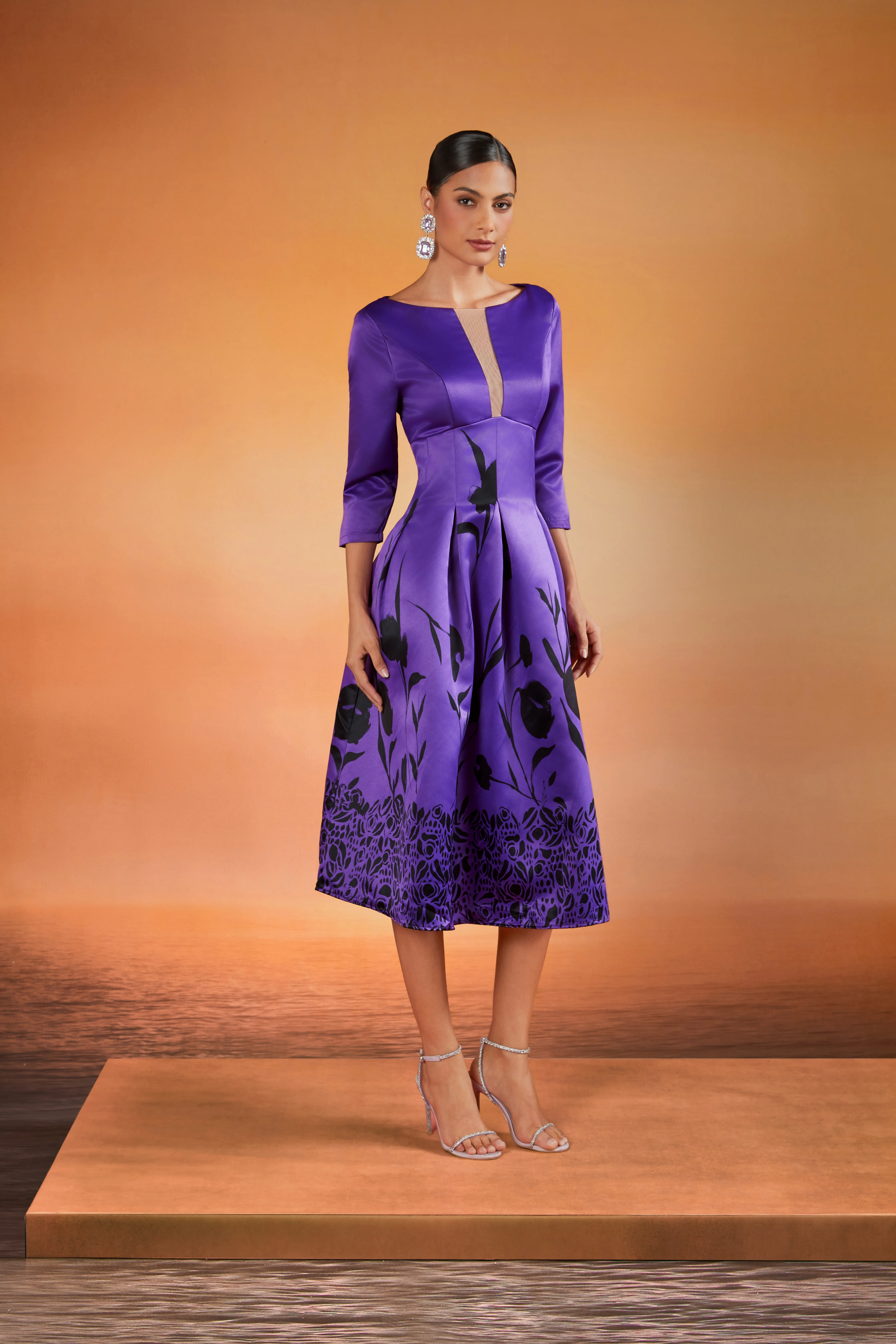 Robes Femmes Floral Printemps / Automne Élégant Micro-élasticité Coupe Régulière Mi-longue Manches trois quarts Entaillé Non Ceinture