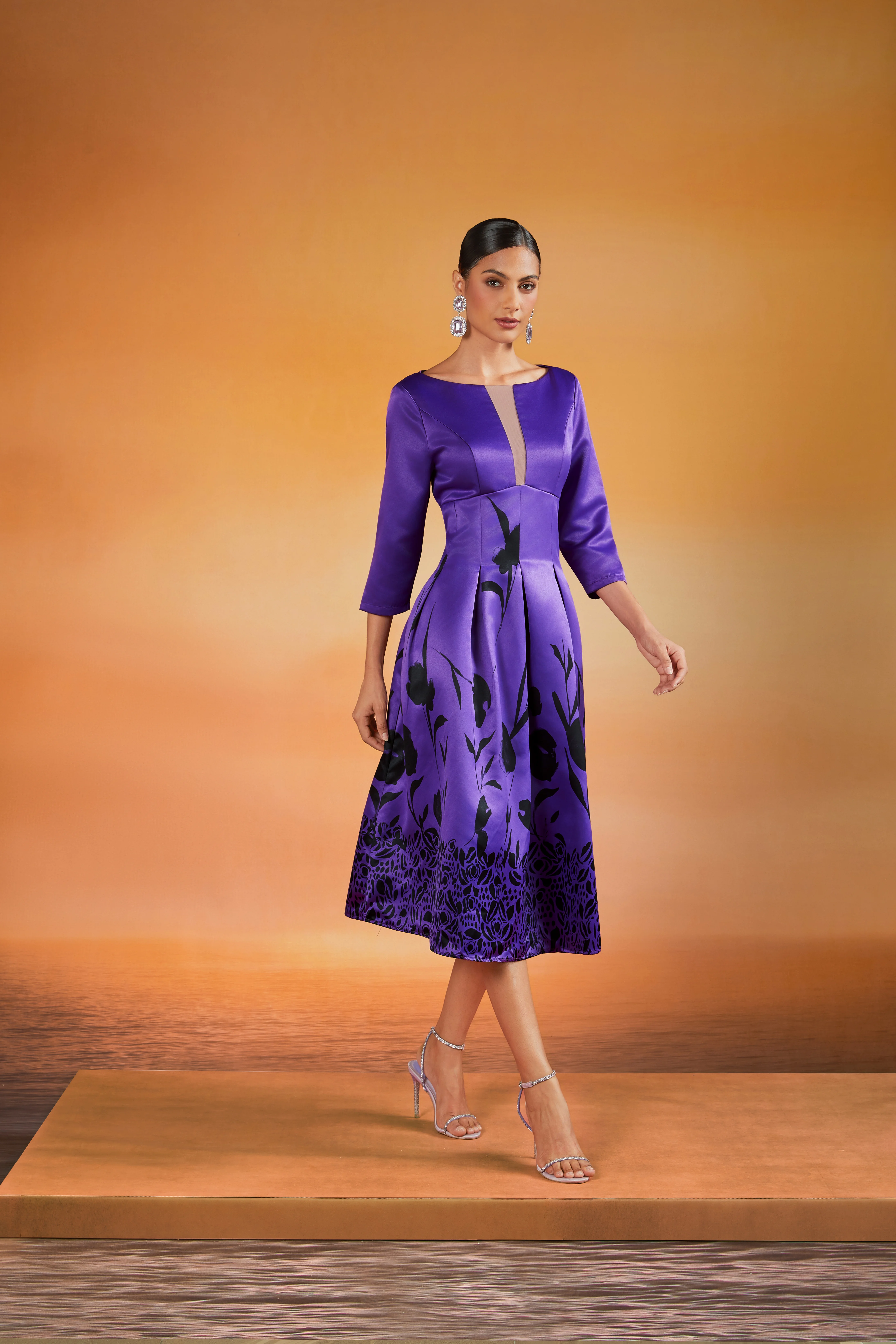 Robes Femmes Floral Printemps / Automne Élégant Micro-élasticité Coupe Régulière Mi-longue Manches trois quarts Entaillé Non Ceinture