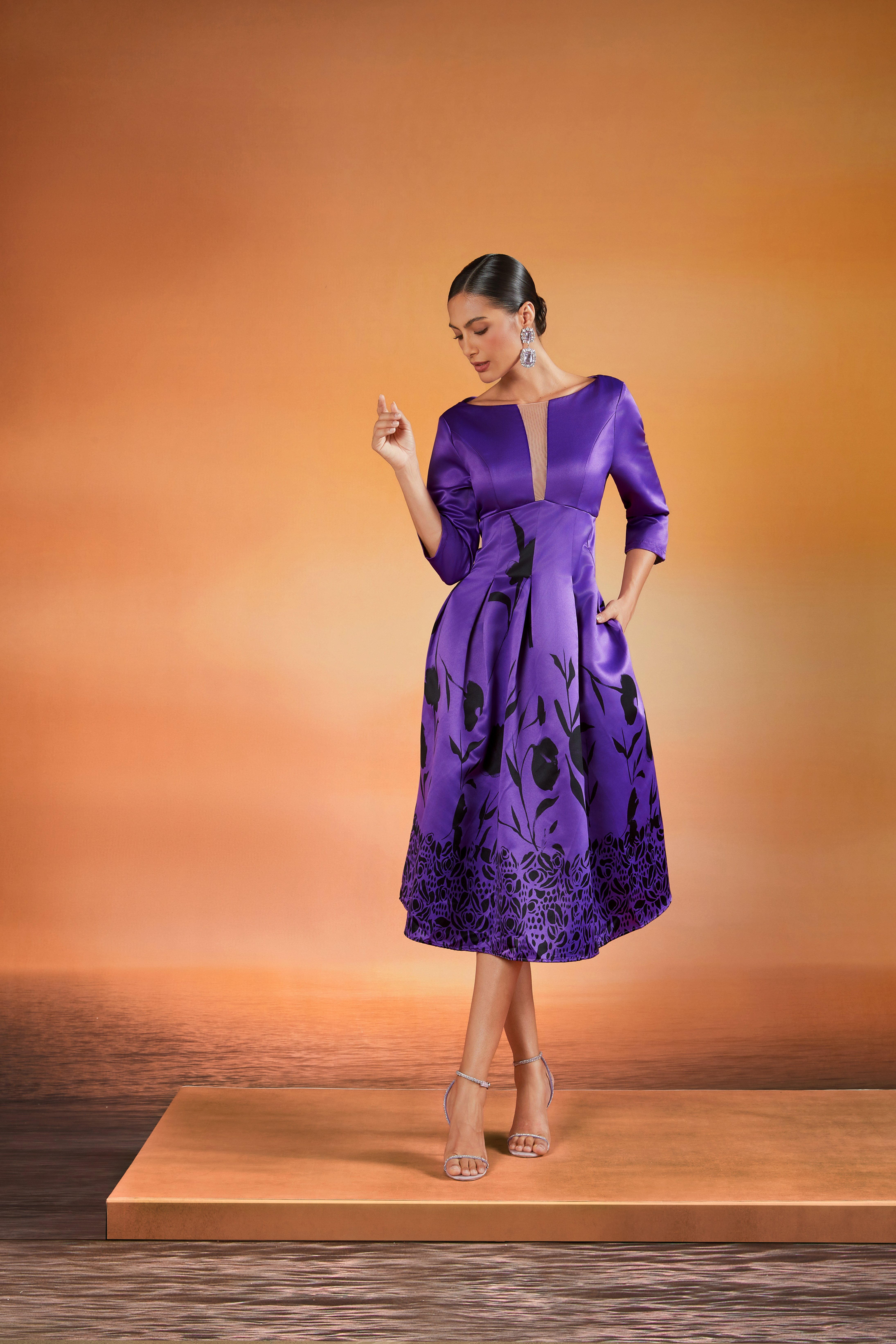 Robes Femmes Floral Printemps / Automne Élégant Micro-élasticité Coupe Régulière Mi-longue Manches trois quarts Entaillé Non Ceinture