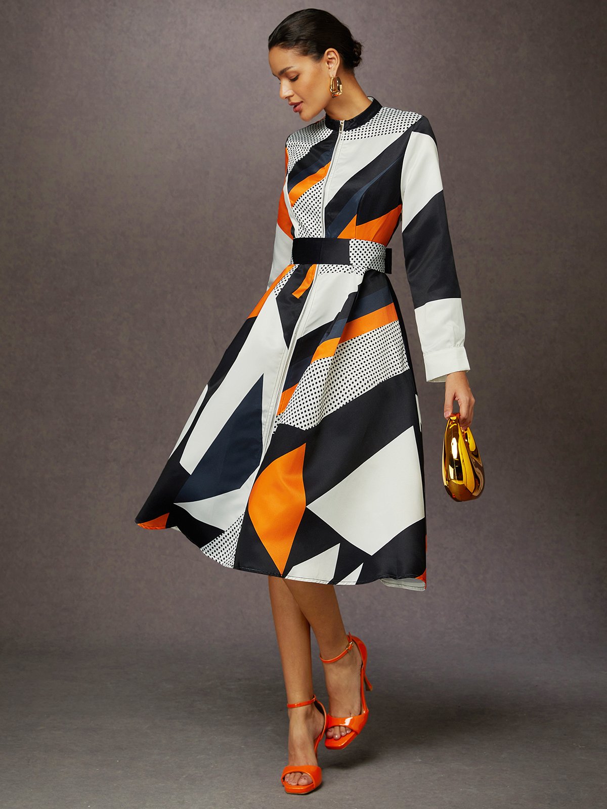Robes Femmes Géométrique Printemps / Automne Élégant Ceinture Aucune élasticité Mi-longue Régulier Poche Couture ensemble