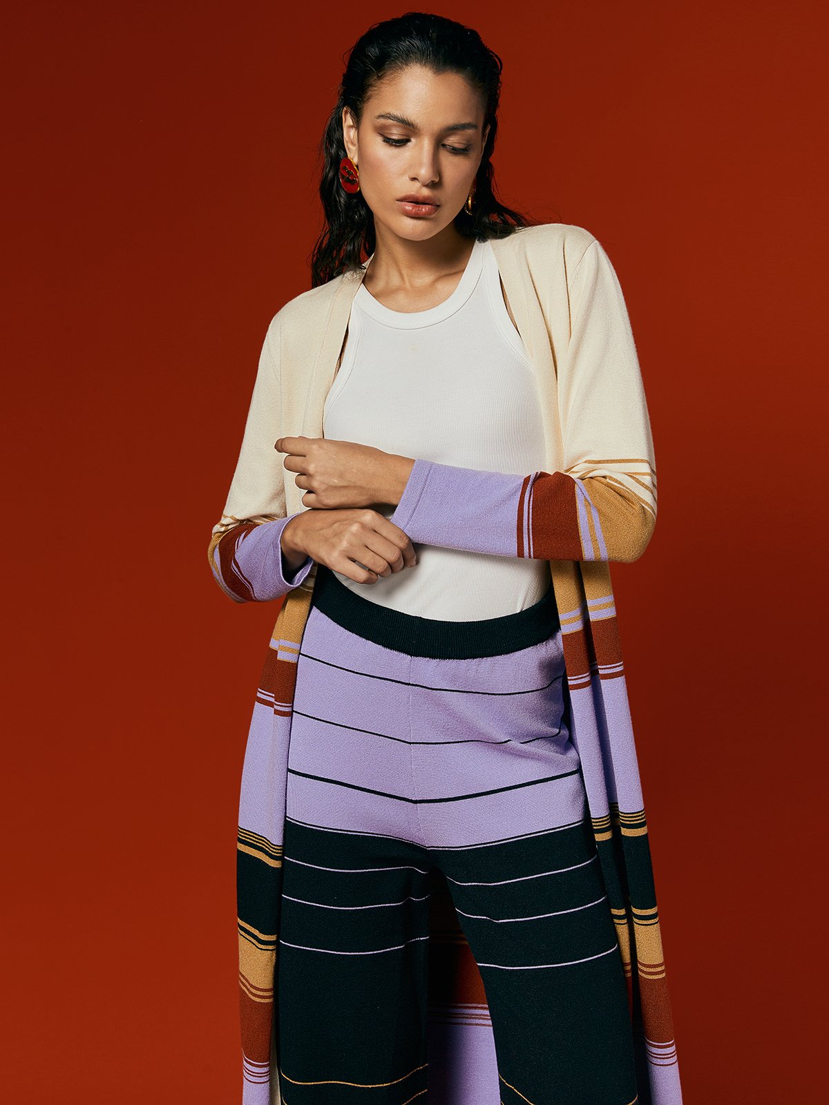 Cardigans Rayé Printemps / Automne Urbain Micro-élasticité Quotidien Ample Mi-long Droit Régulier pour Femmes