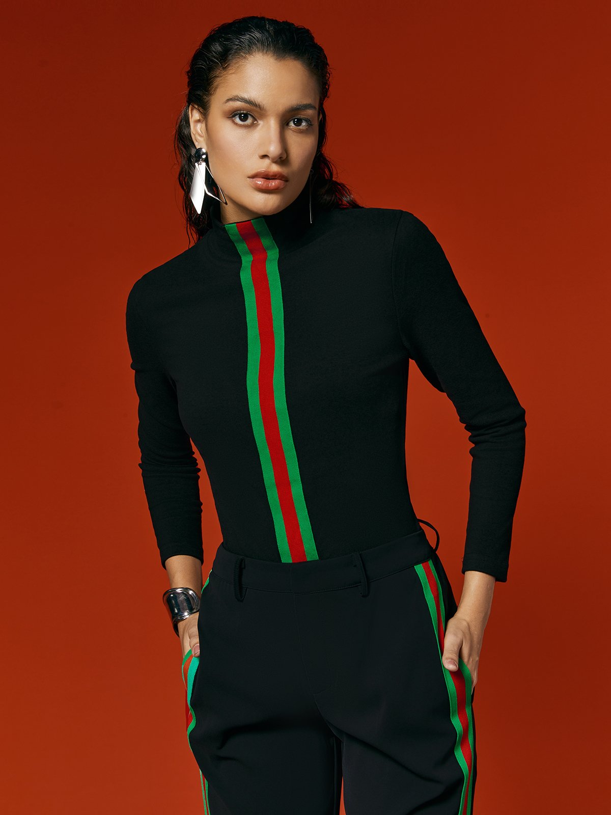 T-shirts Femmes Bloc de Couleur Printemps / Automne Urbain Polyester Quotidien Serré Manches Longues Col Roulé Régulier