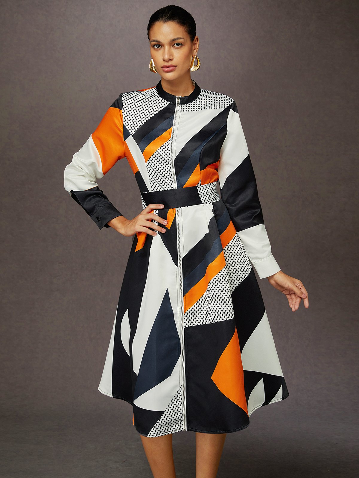 Robes Femmes Géométrique Printemps / Automne Élégant Ceinture Aucune élasticité Mi-longue Régulier Poche Couture ensemble
