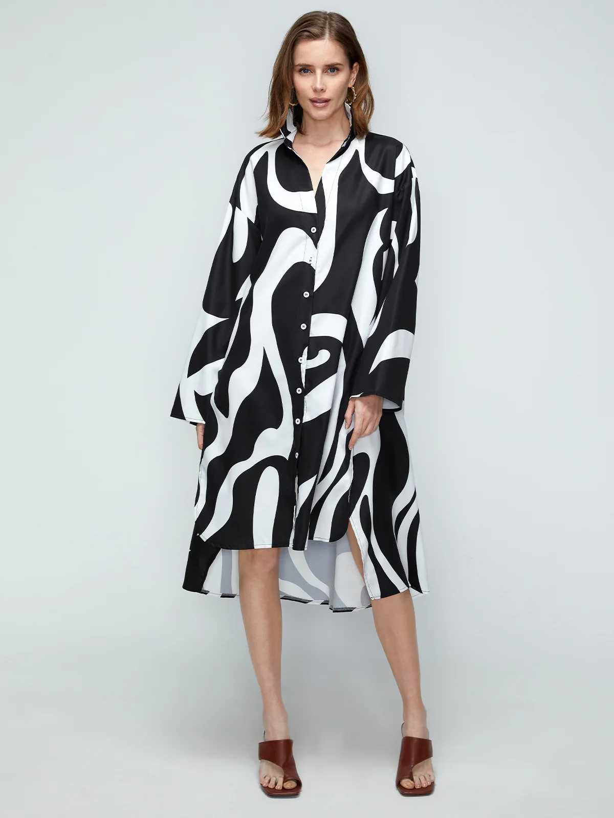 Robes Automne Chevron Vacances Naturel Quotidien Midi Bouton Manches longues Régulier pour Femme