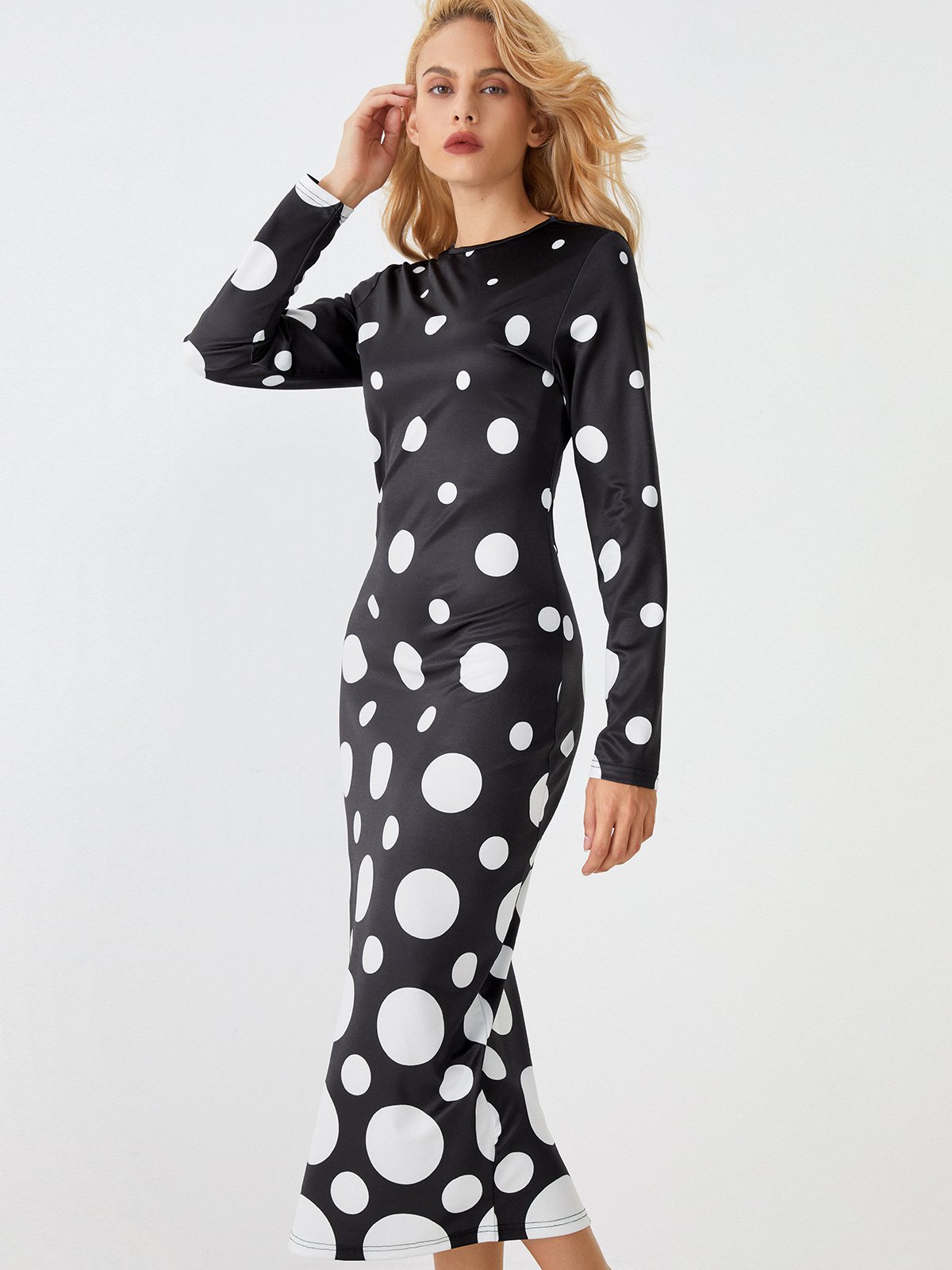 Pois Polka Automne Élégant Quotidien Manches Longues l'Encolure Bateau S-Ligne Régulier Régulier Taille Robes pour femmes