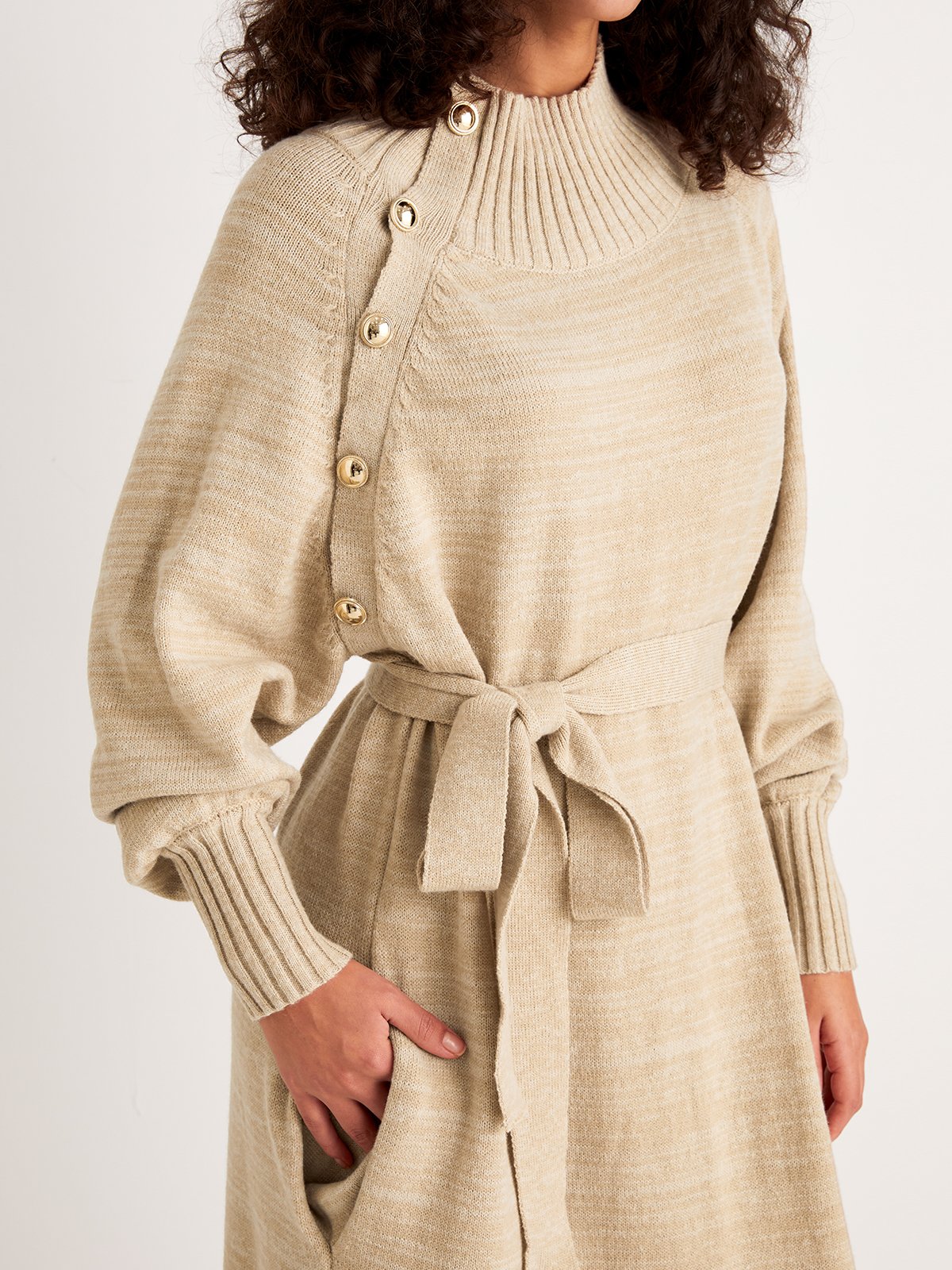 Robes Plain Hiver Élégant Naturel Poids lourd Micro-Élasticité Quotidien Ample Col Roulé pour Femmes