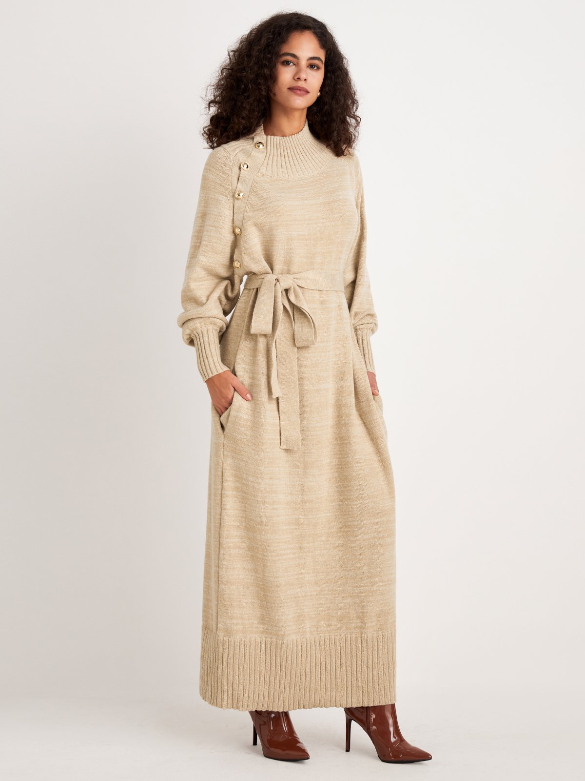 Robes Plain Hiver Élégant Naturel Poids lourd Micro-Élasticité Quotidien Ample Col Roulé pour Femmes