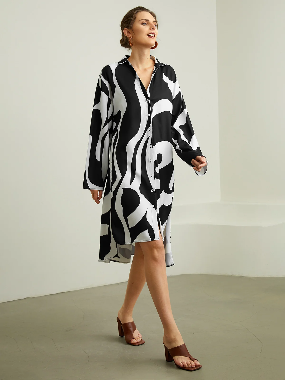 Robes Automne Chevron Vacances Naturel Quotidien Midi Bouton Manches longues Régulier pour Femme