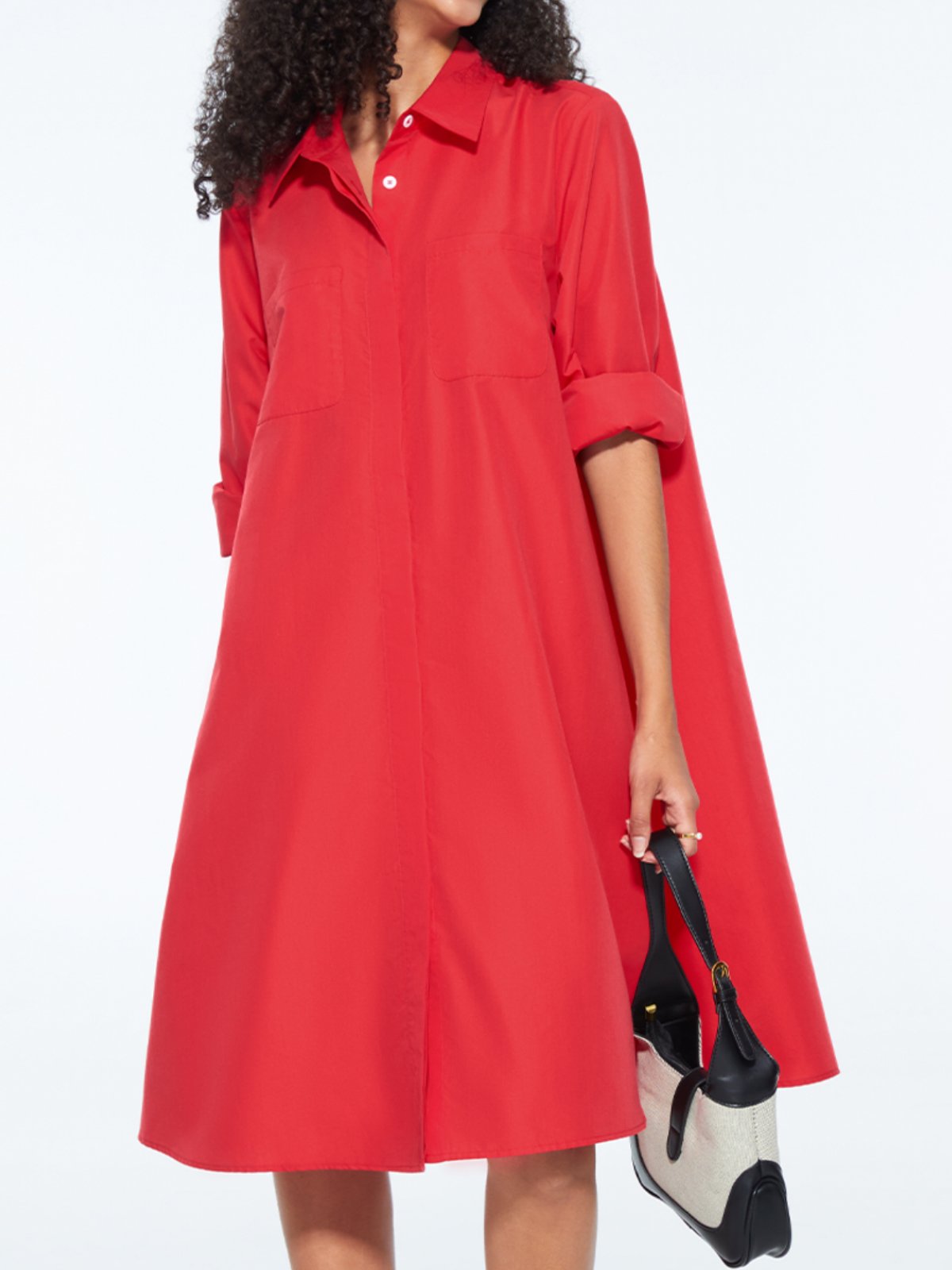 Robes Femme Plaine Simple Automne Pas d'élasticité Regular Fit Midi A-Line Shirt Dress Col de chemise