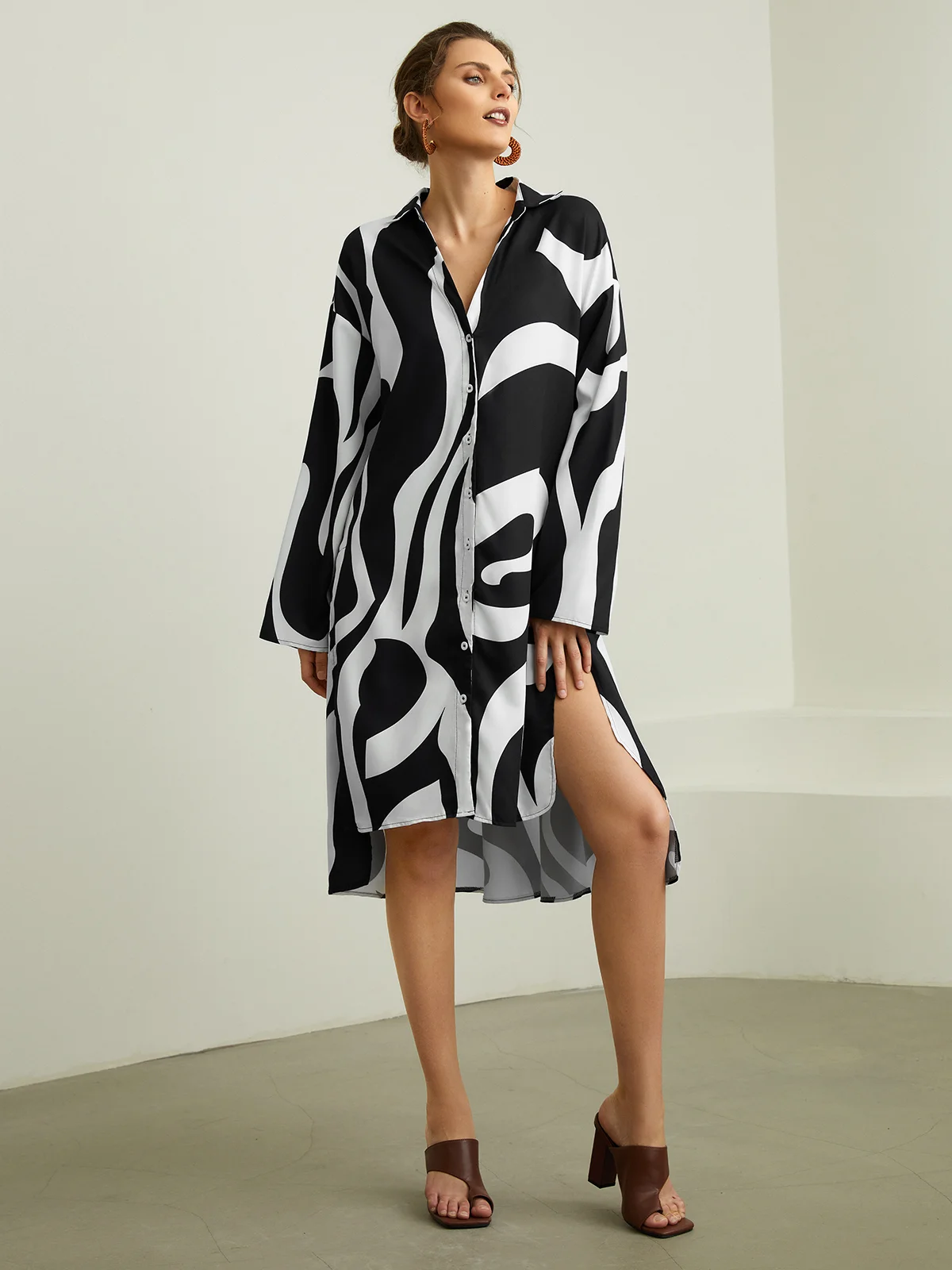 Robes Automne Chevron Vacances Naturel Quotidien Midi Bouton Manches longues Régulier pour Femme