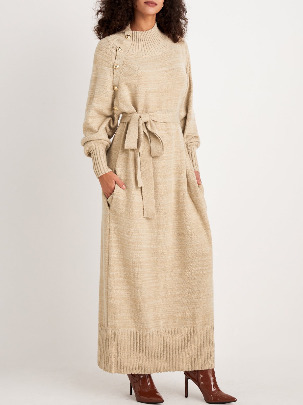 Robes Plain Hiver Élégant Naturel Poids lourd Micro-Élasticité Quotidien Ample Col Roulé pour Femmes