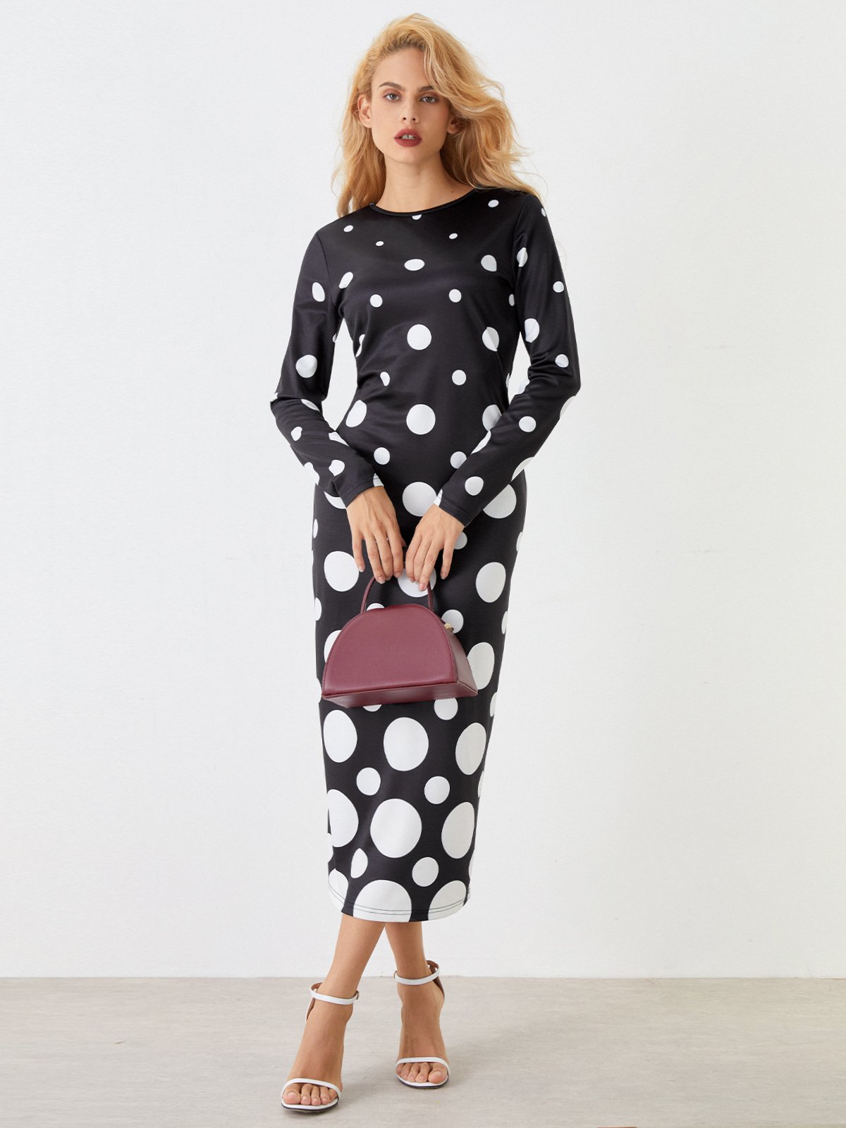 Pois Polka Automne Élégant Quotidien Manches Longues l'Encolure Bateau S-Ligne Régulier Régulier Taille Robes pour femmes