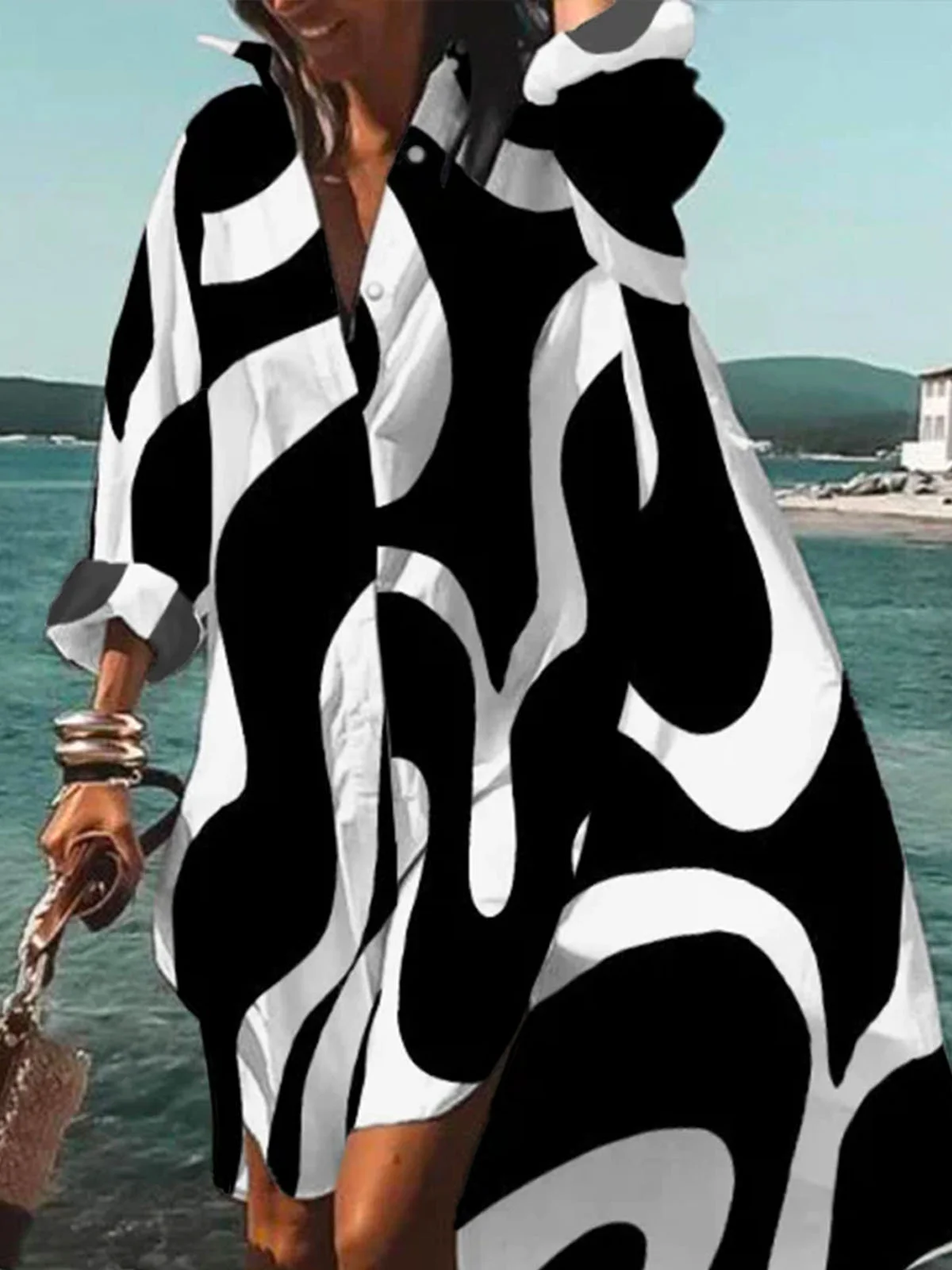 Robes Automne Chevron Vacances Naturel Quotidien Midi Bouton Manches longues Régulier pour Femme