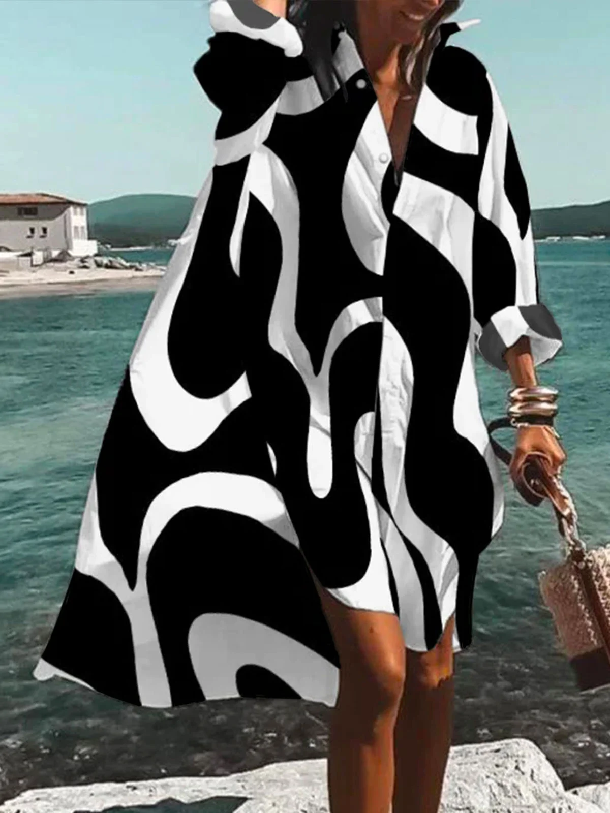 Robes Automne Chevron Vacances Naturel Quotidien Midi Bouton Manches longues Régulier pour Femme
