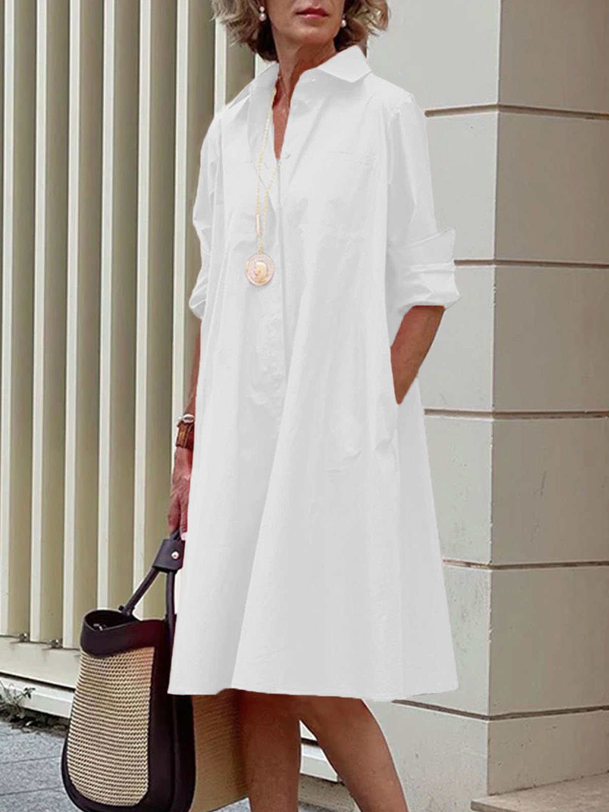 Robes Femme Plaine Simple Automne Pas d'élasticité Regular Fit Midi A-Line Shirt Dress Col de chemise