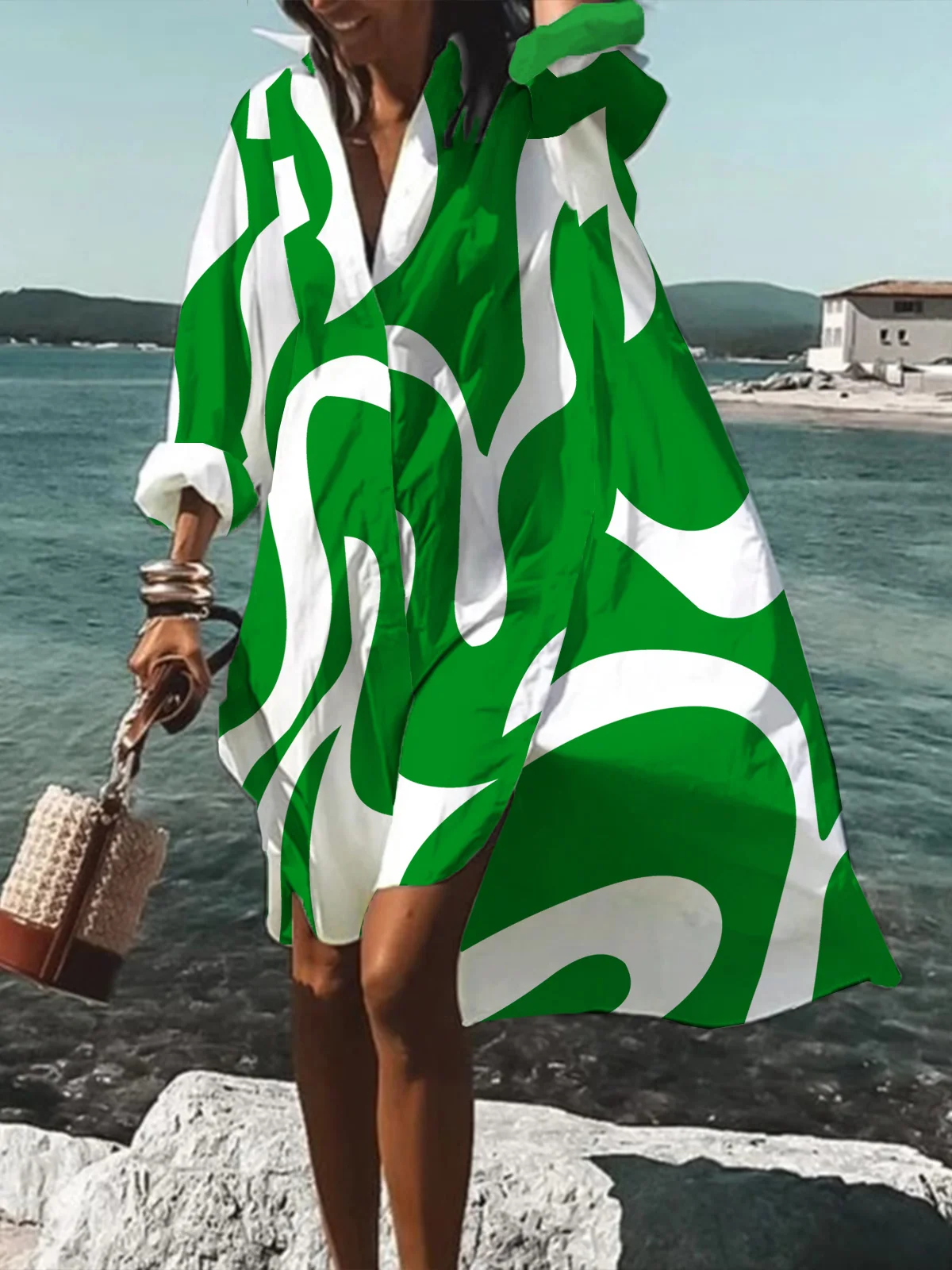 Robes Automne Chevron Vacances Naturel Quotidien Midi Bouton Manches longues Régulier pour Femme