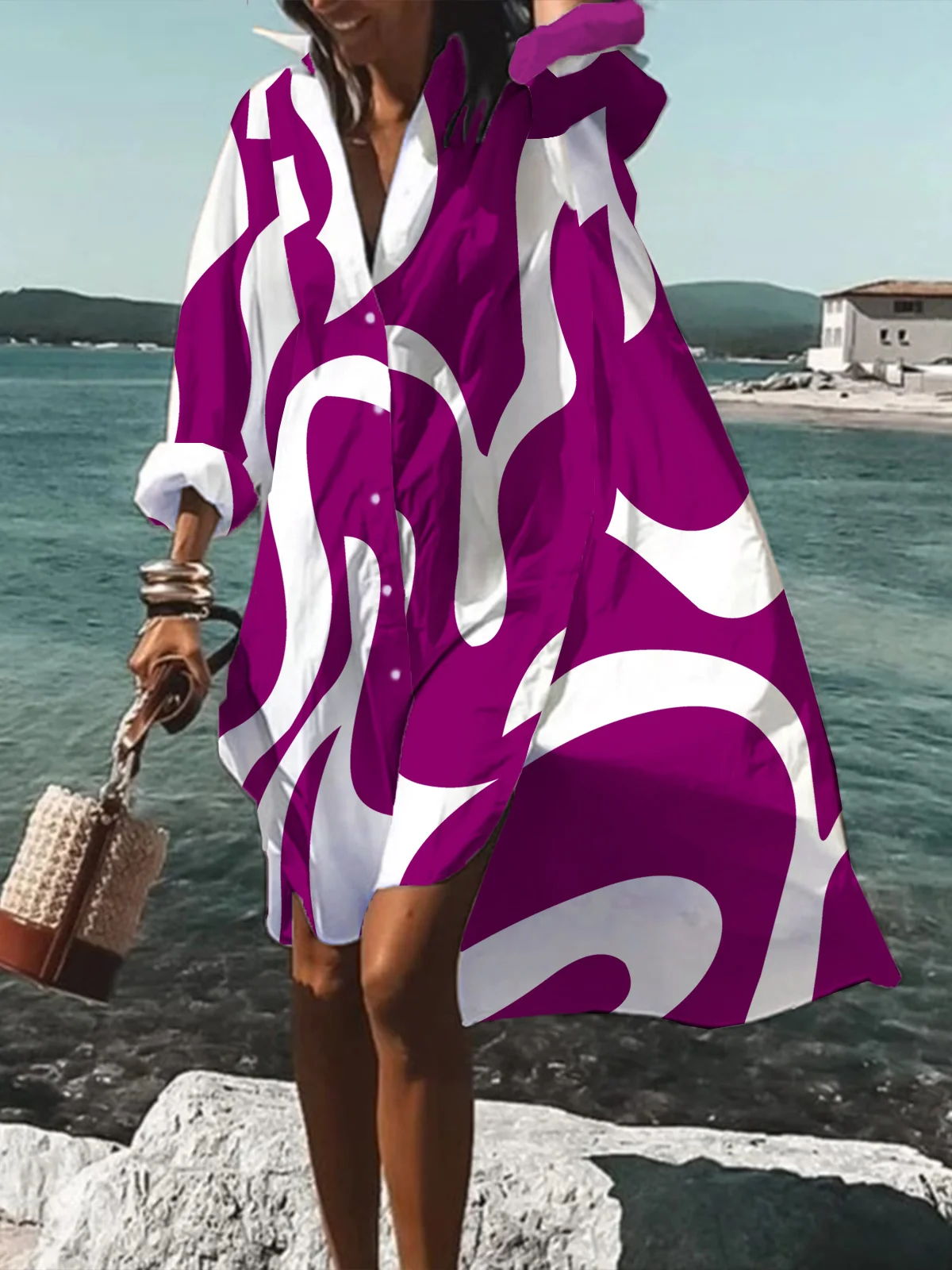Robes Automne Chevron Vacances Naturel Quotidien Midi Bouton Manches longues Régulier pour Femme