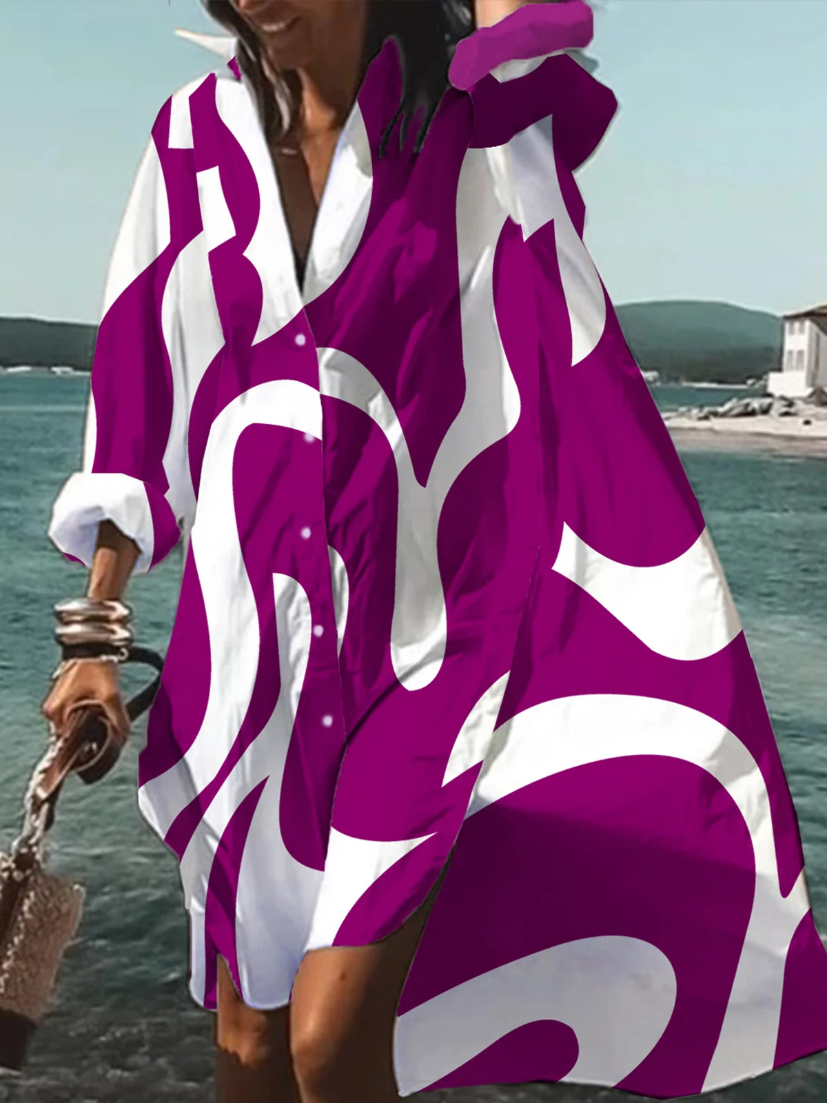 Robes Automne Chevron Vacances Naturel Quotidien Midi Bouton Manches longues Régulier pour Femme