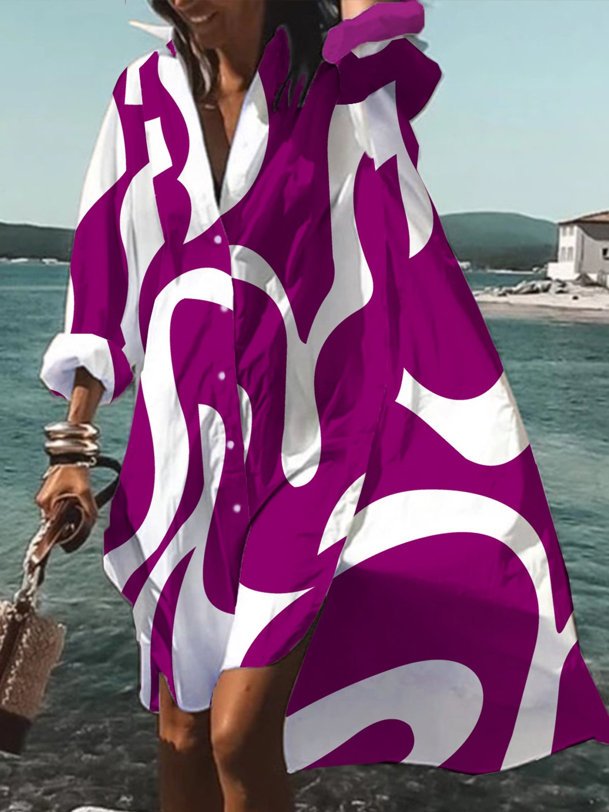 Robes Automne Chevron Vacances Naturel Quotidien Midi Bouton Manches longues Régulier pour Femme