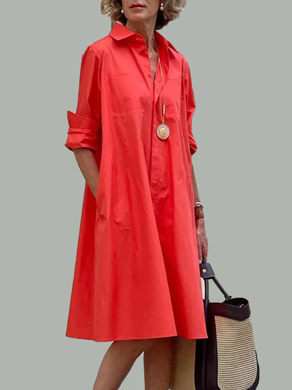 Robes Femme Plaine Simple Automne Pas d'élasticité Regular Fit Midi A-Line Shirt Dress Col de chemise