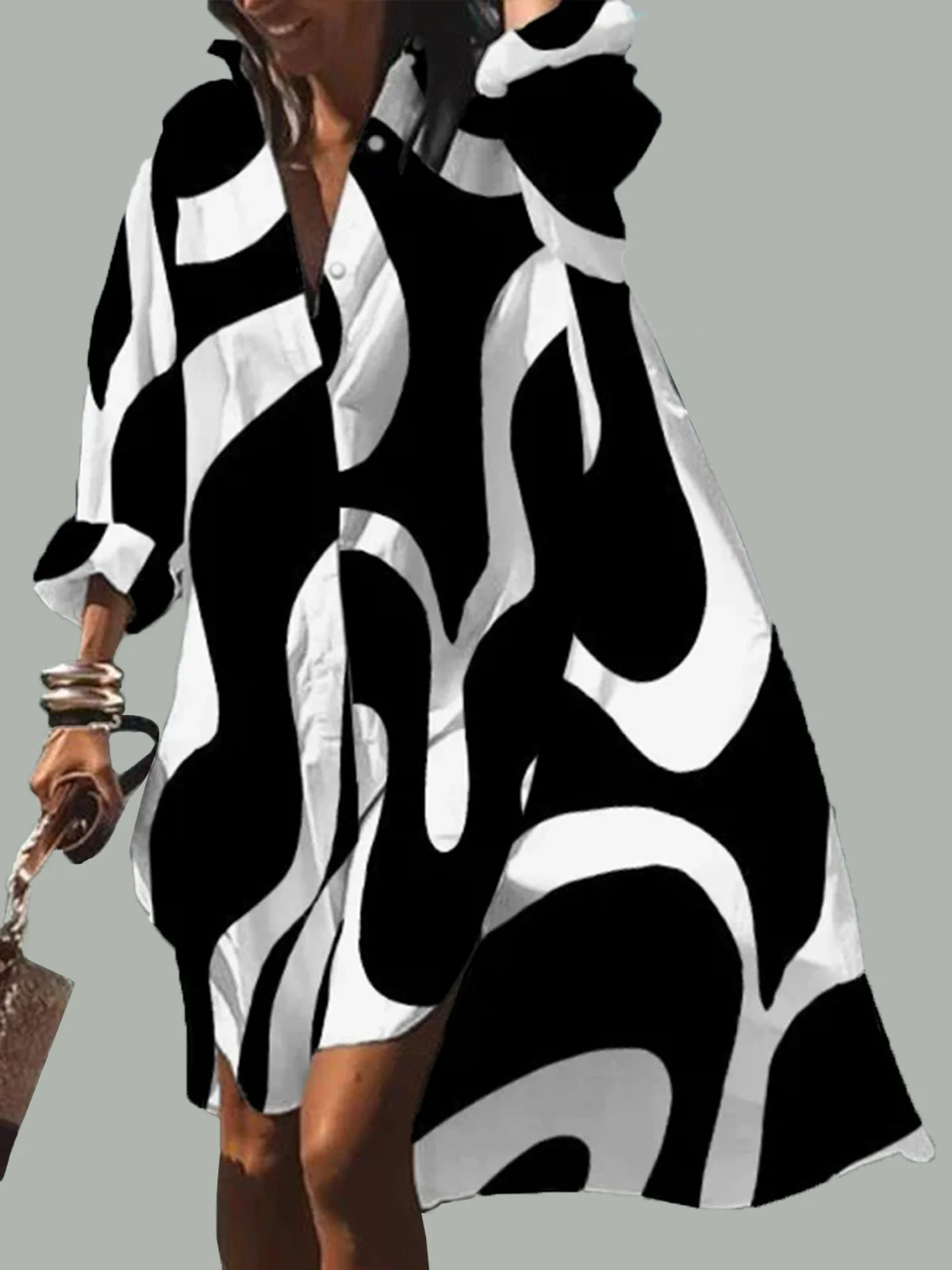 Robes Automne Chevron Vacances Naturel Quotidien Midi Bouton Manches longues Régulier pour Femme