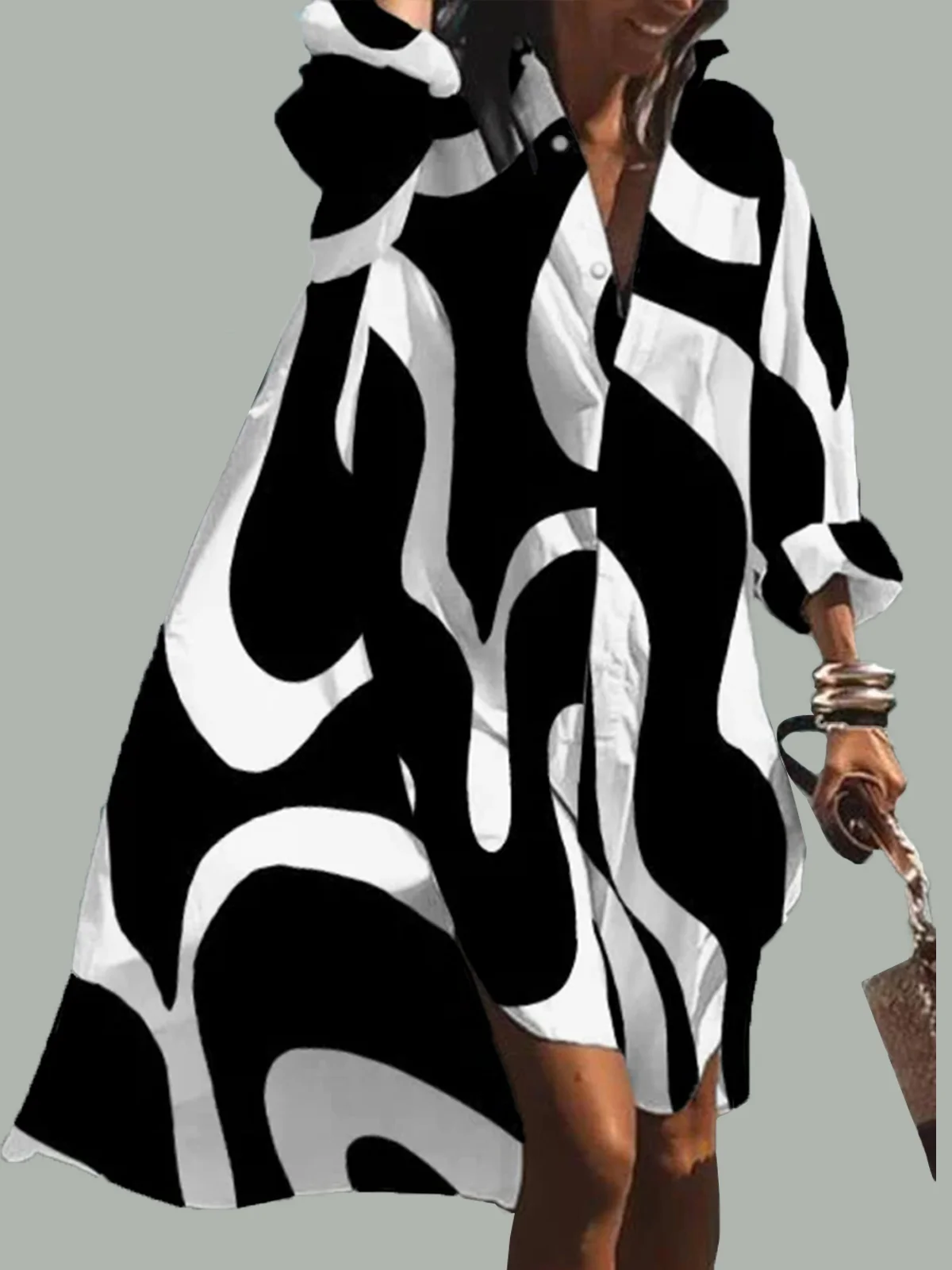 Robes Automne Chevron Vacances Naturel Quotidien Midi Bouton Manches longues Régulier pour Femme
