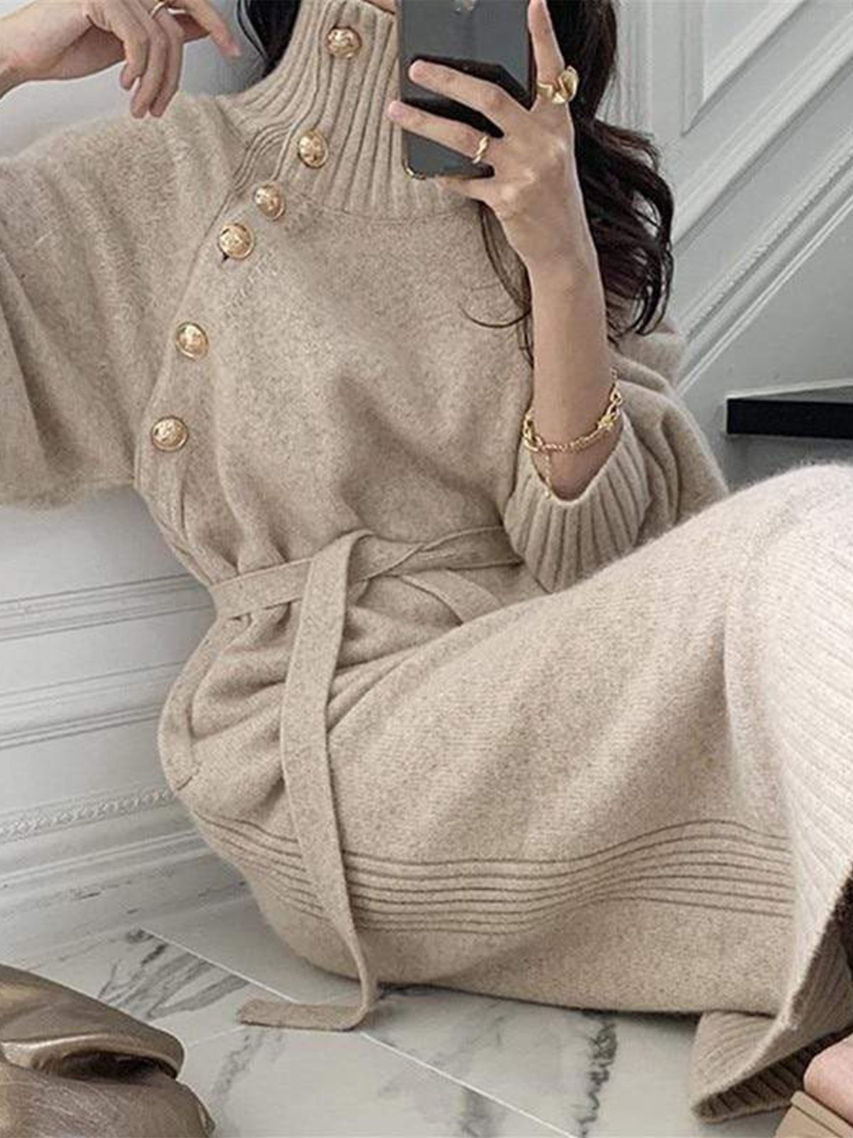 Robes Plain Hiver Élégant Naturel Poids lourd Micro-Élasticité Quotidien Ample Col Roulé pour Femmes