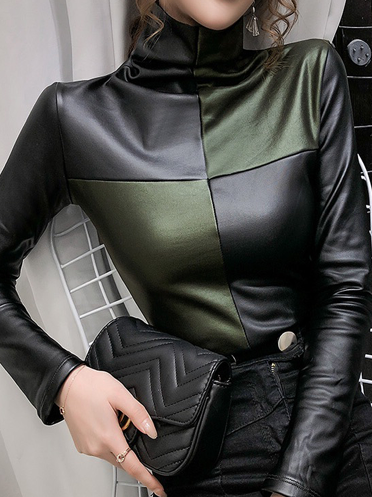Tops Femmes Bloc de Couleur Hiver Urbain Polyester Quotidien Manches Longues Col Roulé Régulier Régulier
