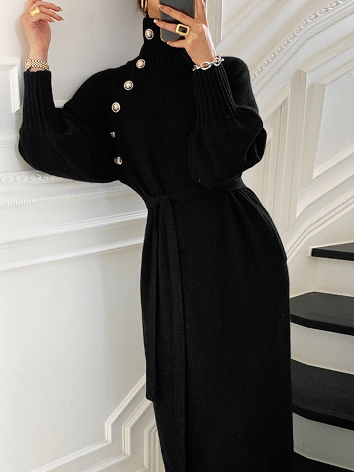 Robes Plain Hiver Élégant Naturel Poids lourd Micro-Élasticité Quotidien Ample Col Roulé pour Femmes